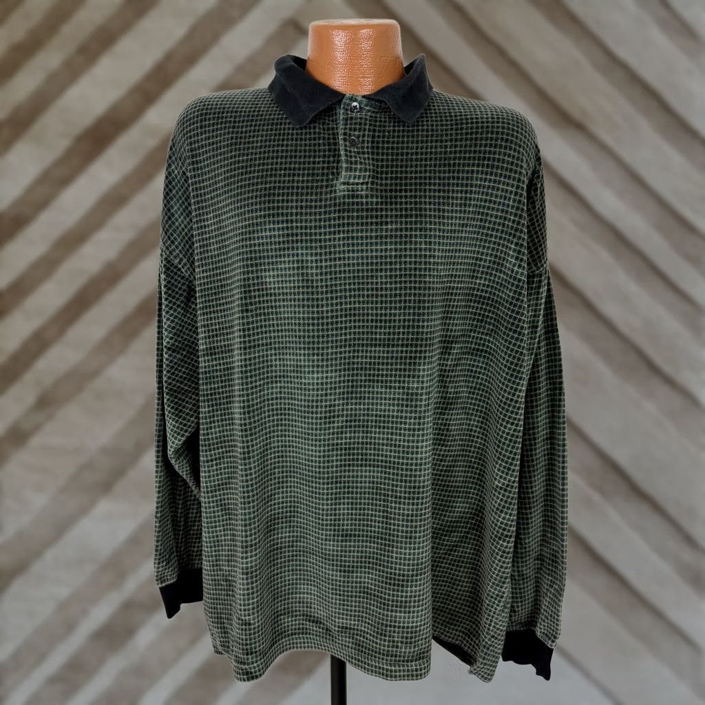 Velour VINTAGE Imprints Polo Shirt Men 2XL Green Velour Check Long Sleeve Casual Retro 90s Sports Size US XXL / EU 58 / 5 - 1 Thumbnail