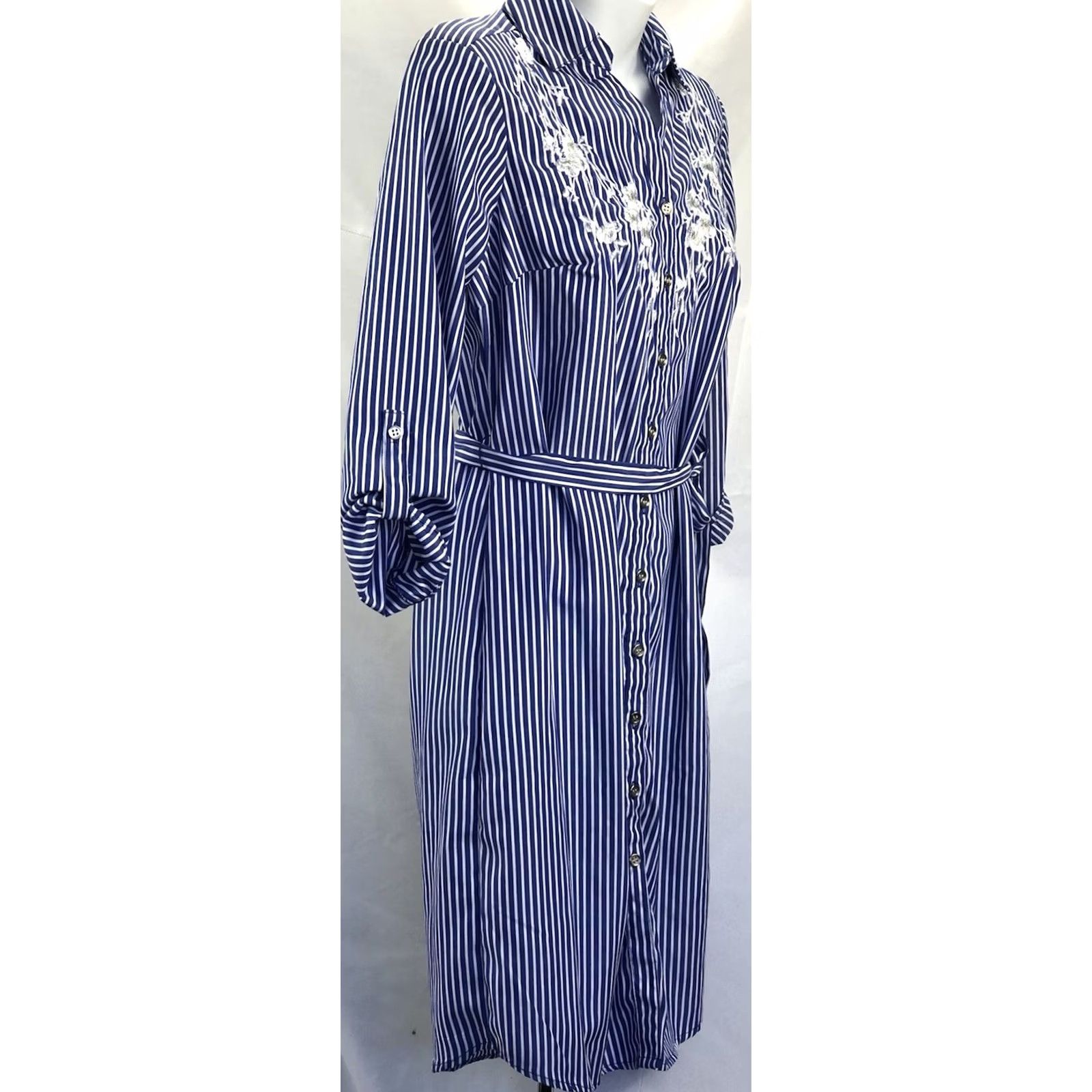 Etro VINTAGE Mlle Gabrielle Shirt Dress Blue White Stripe Knee Length S Roll Tab Sleeve Button Collar Casual Womens Size S / US 4 / IT 40 - 3 Thumbnail
