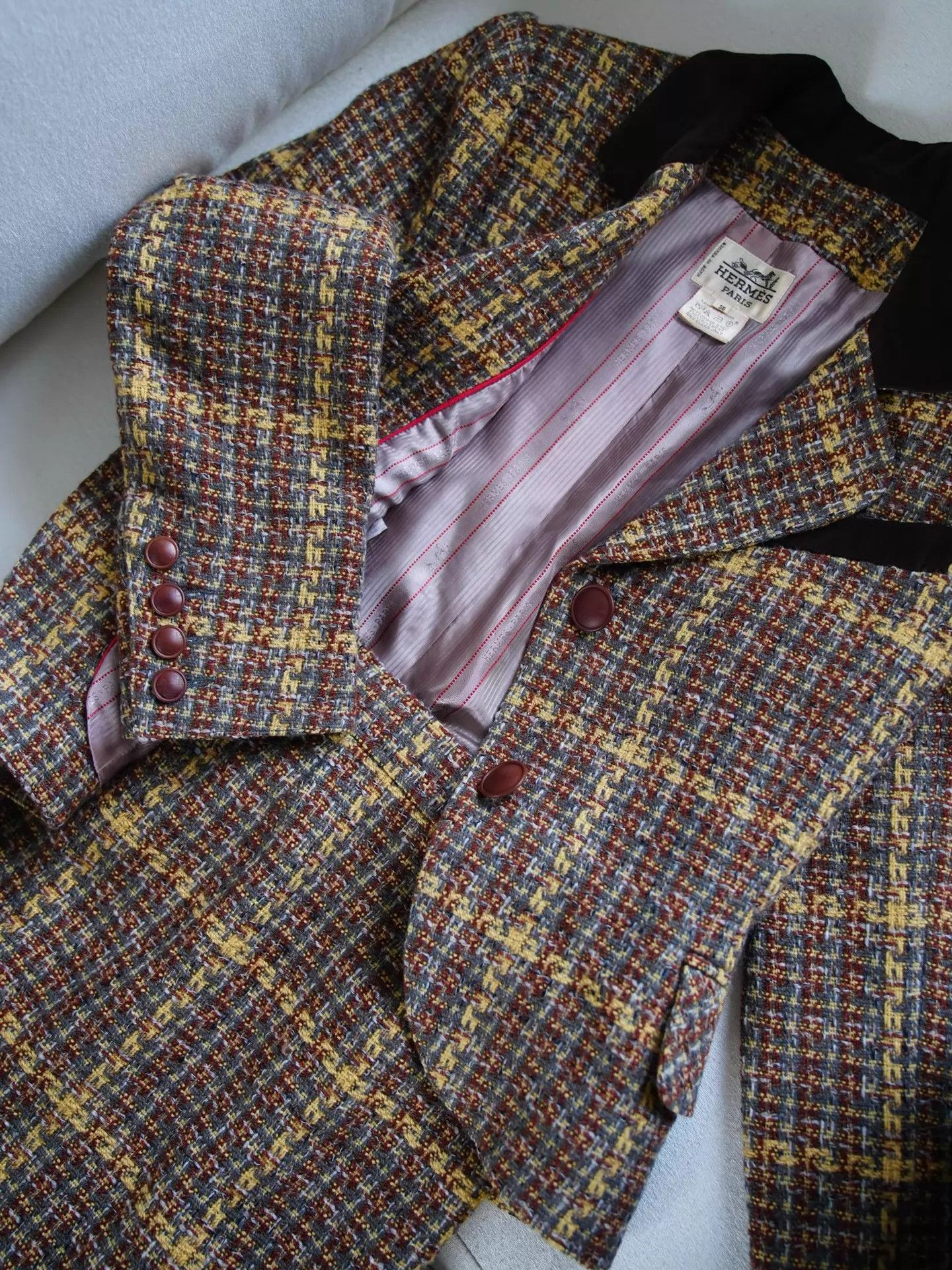 Hermes Vtg Wool Tweed Suede Check Blazer & Skirt Set FR36 Size XS / US 0-2 / IT 36-38 - 4 Thumbnail