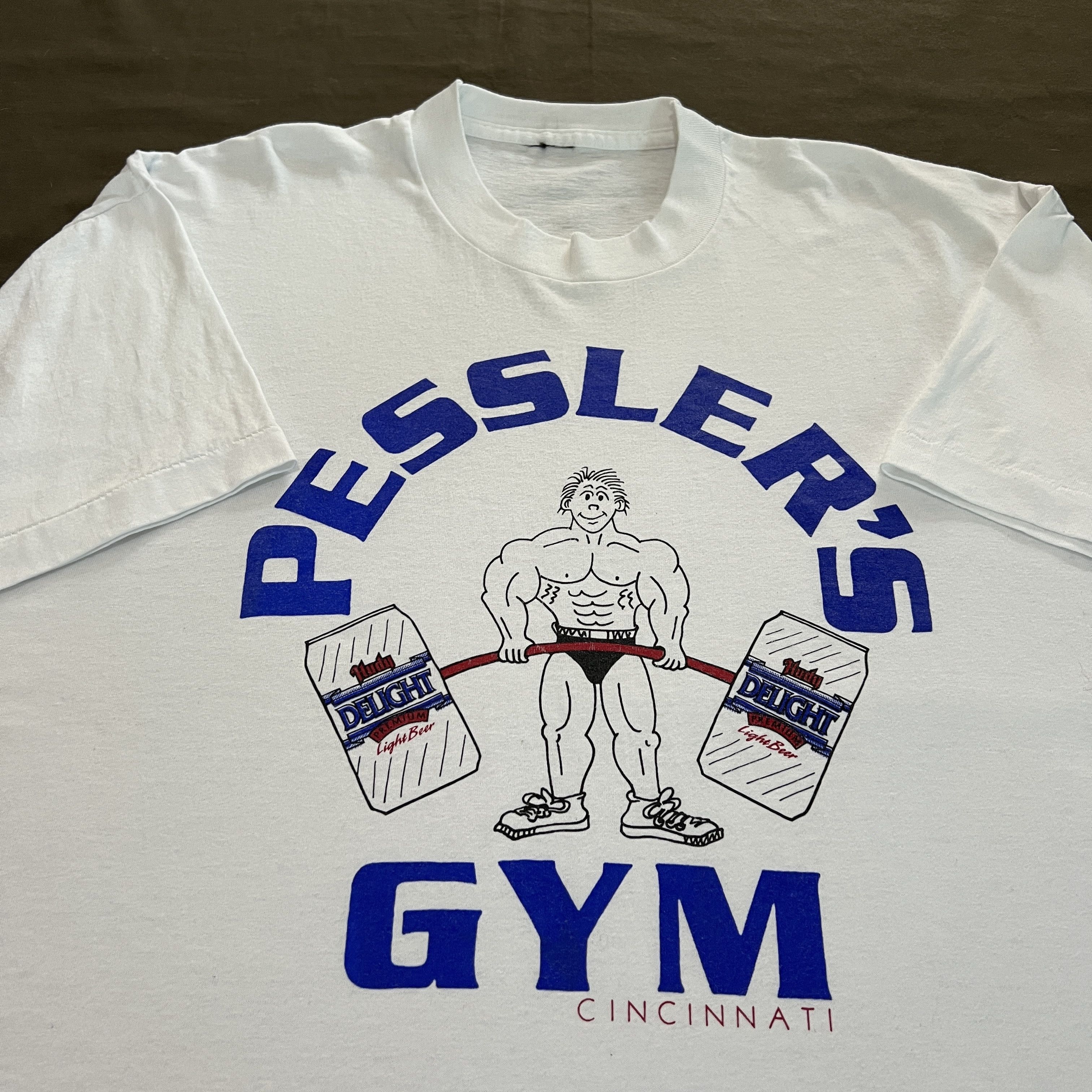 image of Gym Standard x Vintage 90's Pessler's Gym Delight Beer Fitness Parody Tee in White, Men's (Size XL)