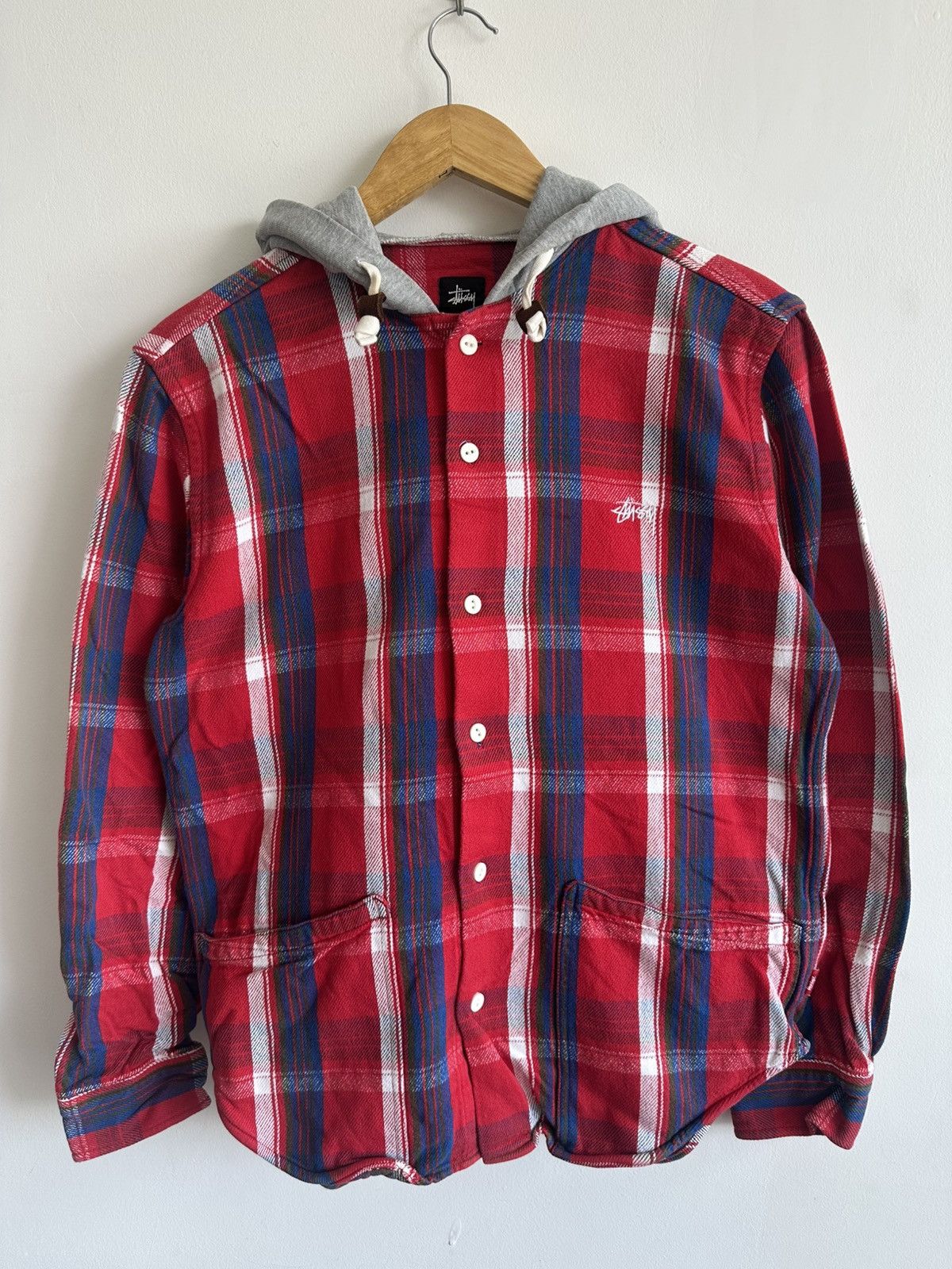 Stussy Stussy Red Plaid Hooded Flannel Tshirt Streetwear Size US M / EU 48-50 / 2 - 2 Thumbnail