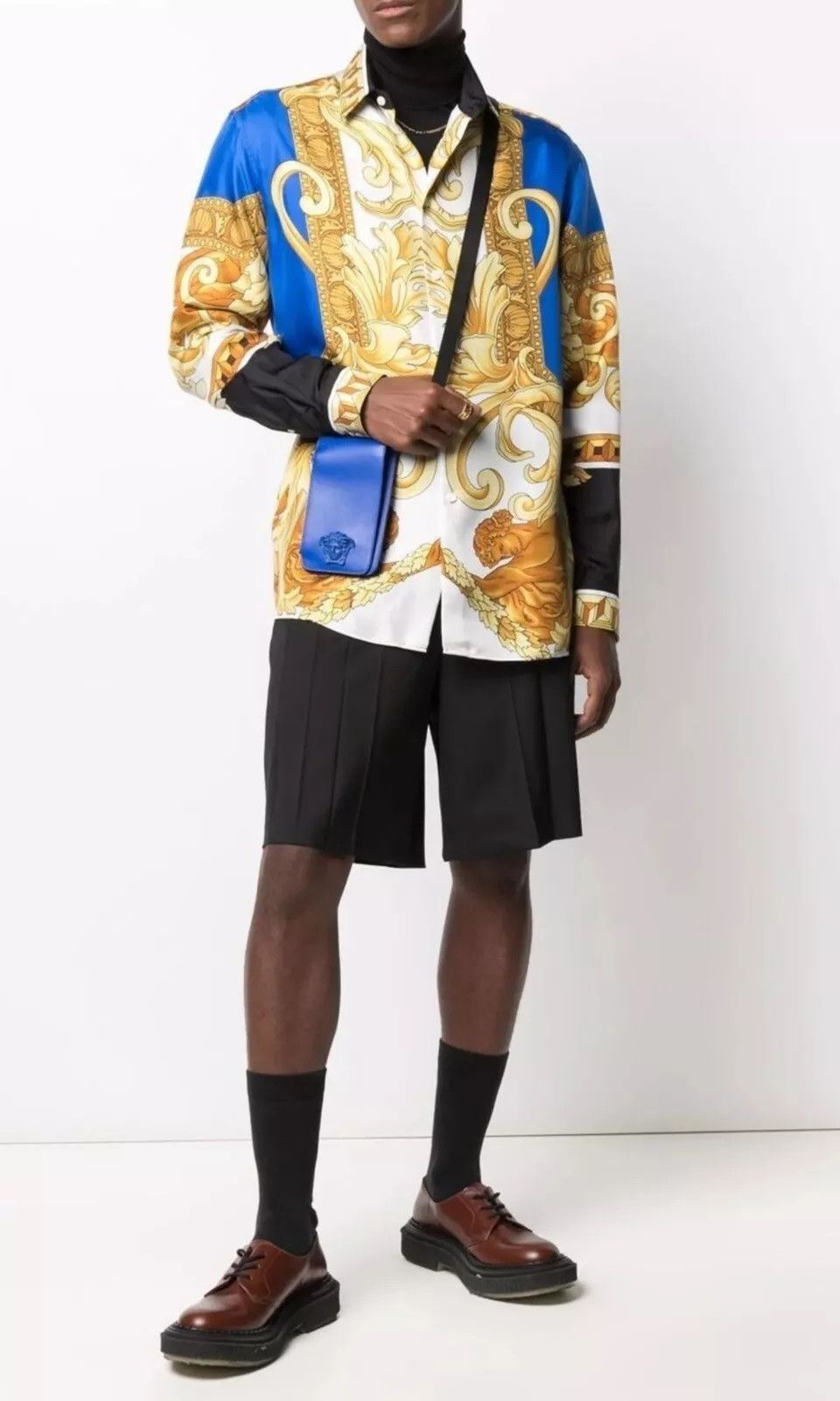 Versace $1350 VERSACE Gold and Blue Floral Baroque Medusa Silk Shirt Size 52L - 6 Thumbnail