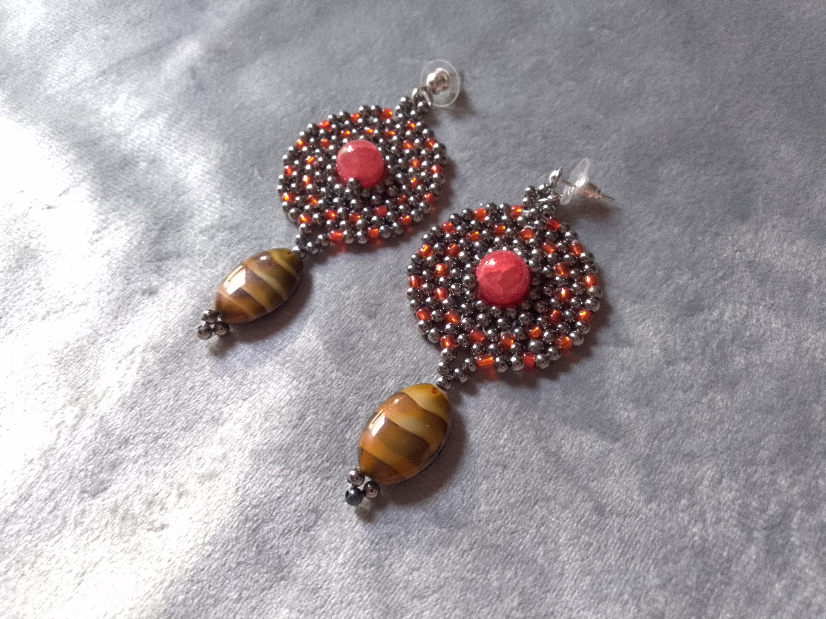 Handmade Earrings Vintage brass Long Red agate+eye of tiger gemstones Size ONE SIZE - 7 Thumbnail