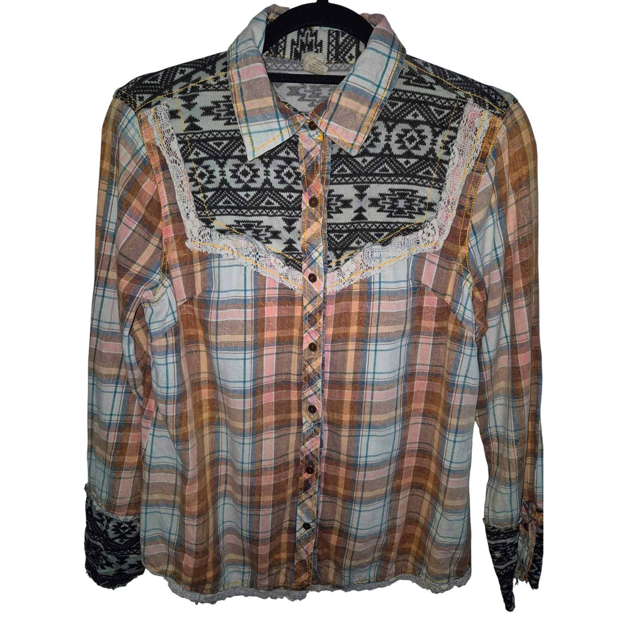 Vintage Gimmiks BKE Womens Plaid Button-Up Shirt Lace Aztec Small Size S / US 4 / IT 40 - 1 Thumbnail