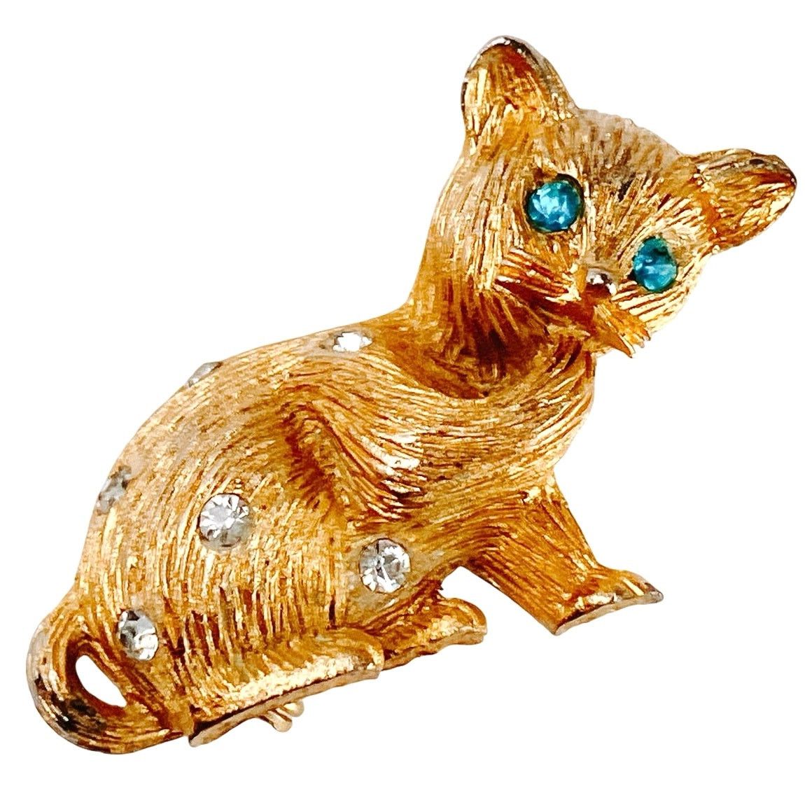 Vintage VTG Mid Century Gold Tone Cat Brooch Aqua Rhinestone Size ONE SIZE - 1 Thumbnail