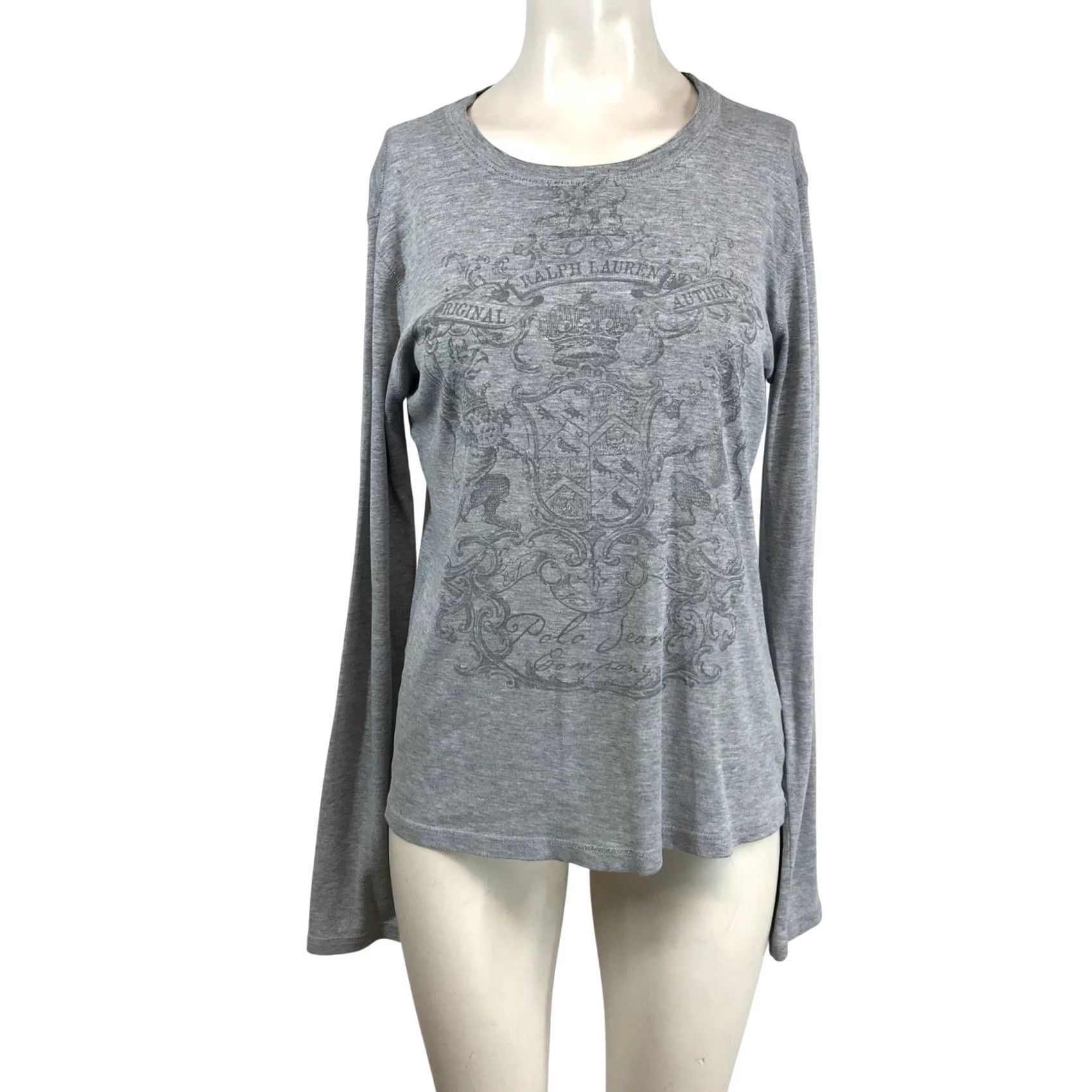 Vintage Polo Jeans Co. Ralph Lauren Womens T-Shirt Gray Graphic Crest Long Sleeve Crew Neck Medium Size M / US 6-8 / IT 42-44 - 2 Thumbnail