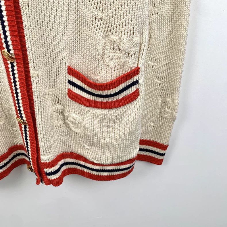 Gucci Gucci Beige striped logo jacquard hollow wool V-neck long-s Size M / US 6-8 / IT 42-44 - 4 Thumbnail