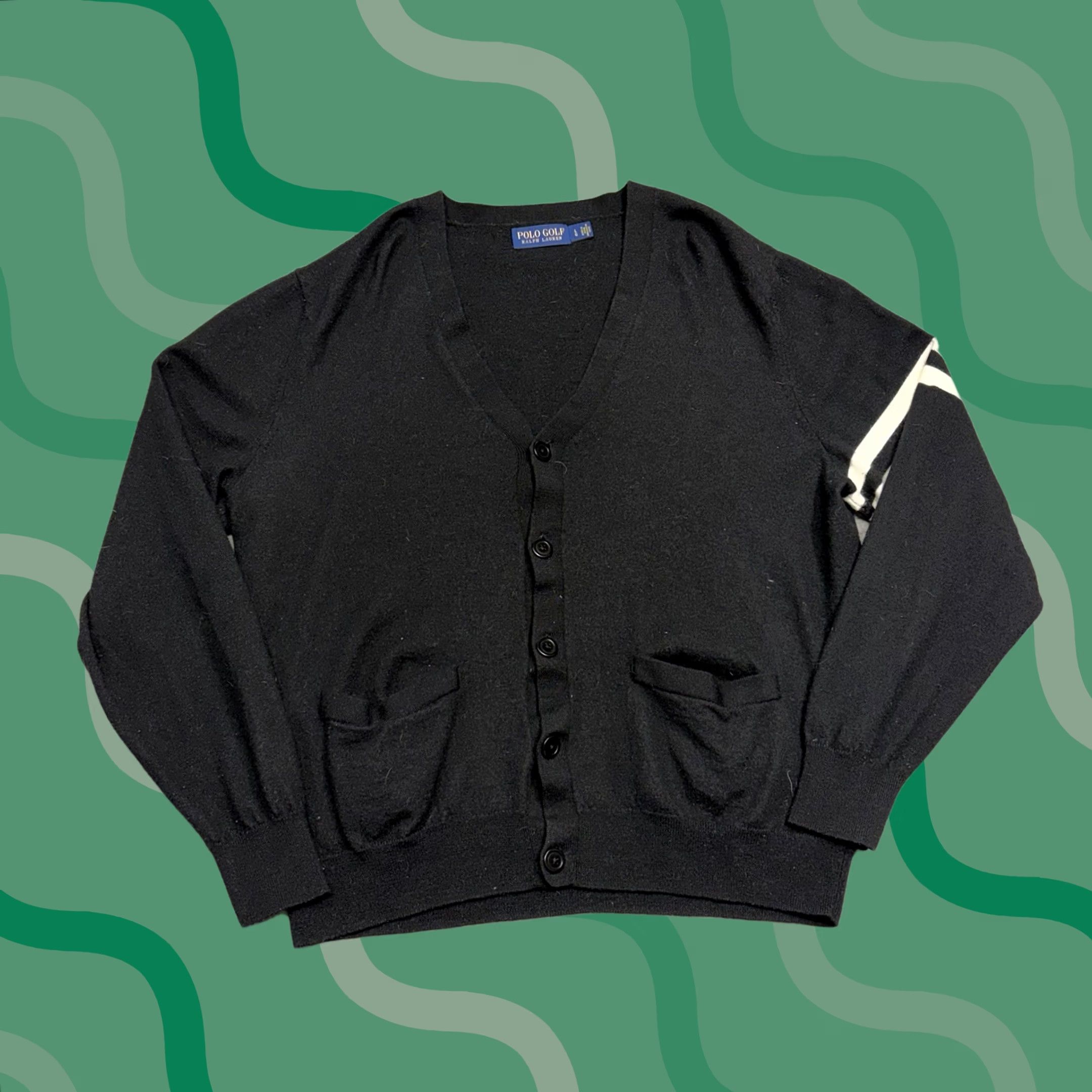 Vintage Polo Golf Ralph Lauren Sweater Men Large Black White Merino Wool Cardigan Casual, Men's