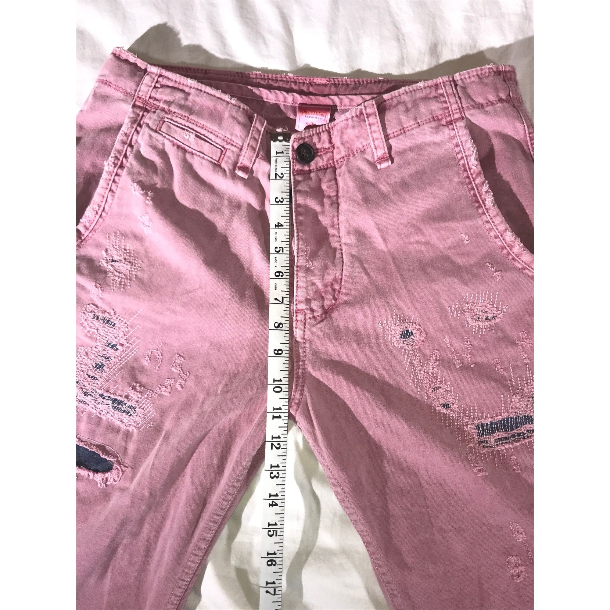 Designer True Religion Women's Pink/Blue Distressed Straight Leg Jean Size 32" / US 10 / IT 46 - 6 Thumbnail