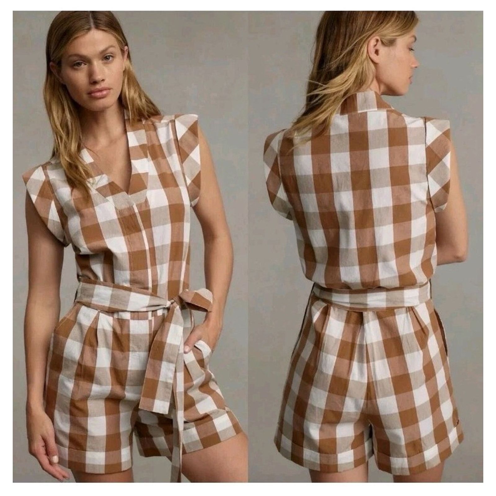 Anthropologie Anthropologie Whit Two Womens Brown Cream Gingham Romper XS Size 28" / US 6 / IT 42 - 1 Thumbnail