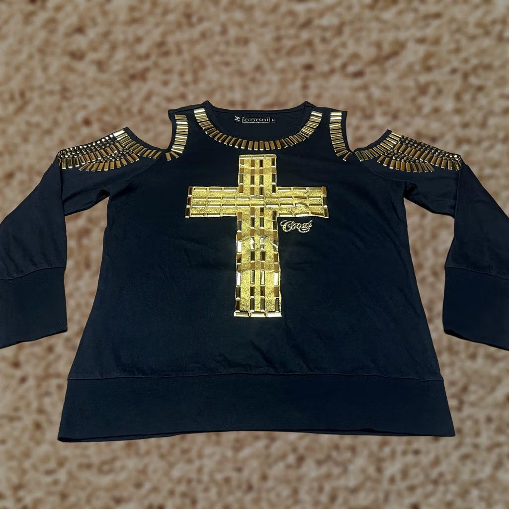Coogi COOGI Sweatshirt Womens Large Black Gold Studded Cross Cold Shoulder Embellished Crew Neck Pullover Rhinestone Logo Graphic Size L / US 10 / IT 46 - 1 Thumbnail