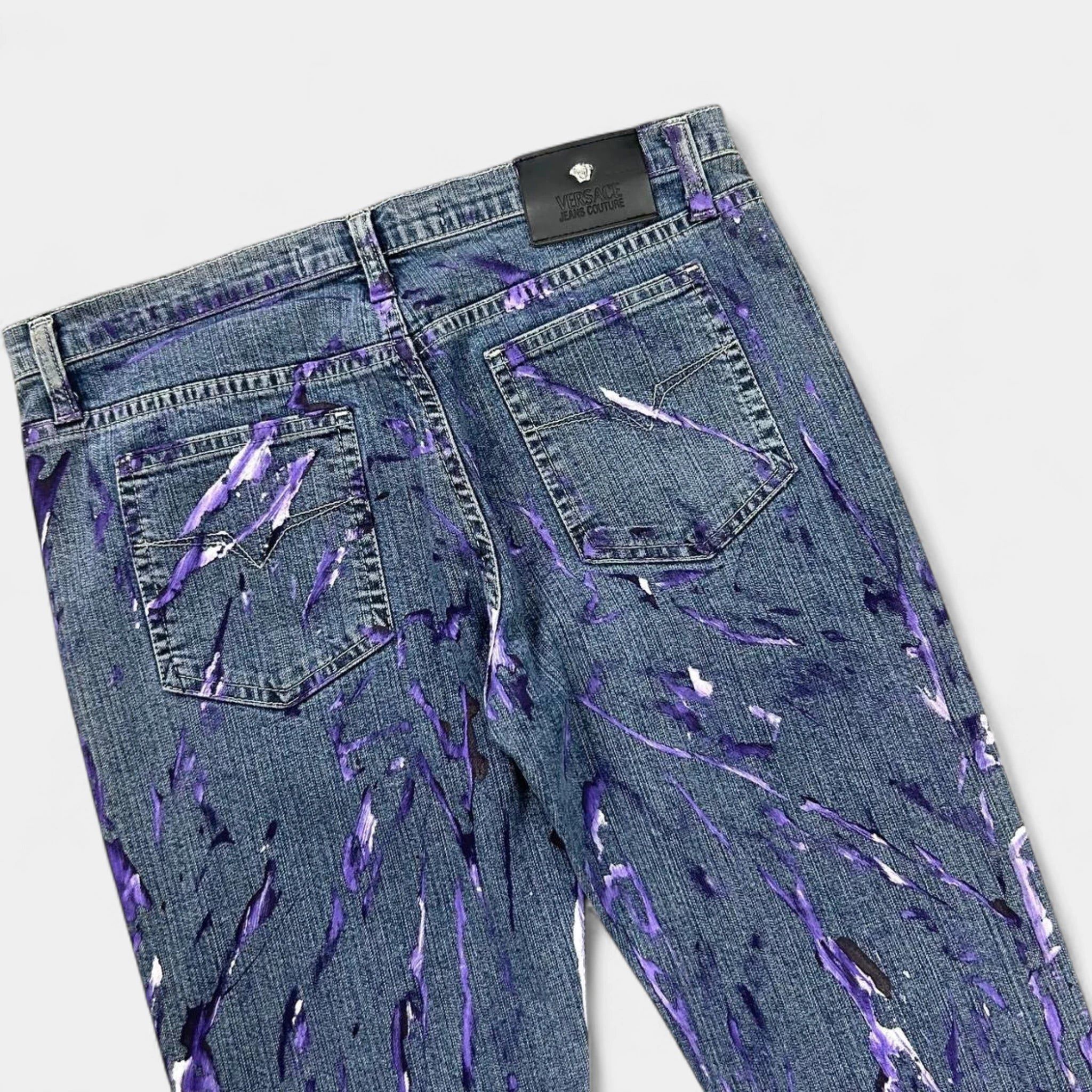 Versace Versace Jeans Couture 2000s Blue Painted Denim Flared Pants Size ONE SIZE - 6 Thumbnail
