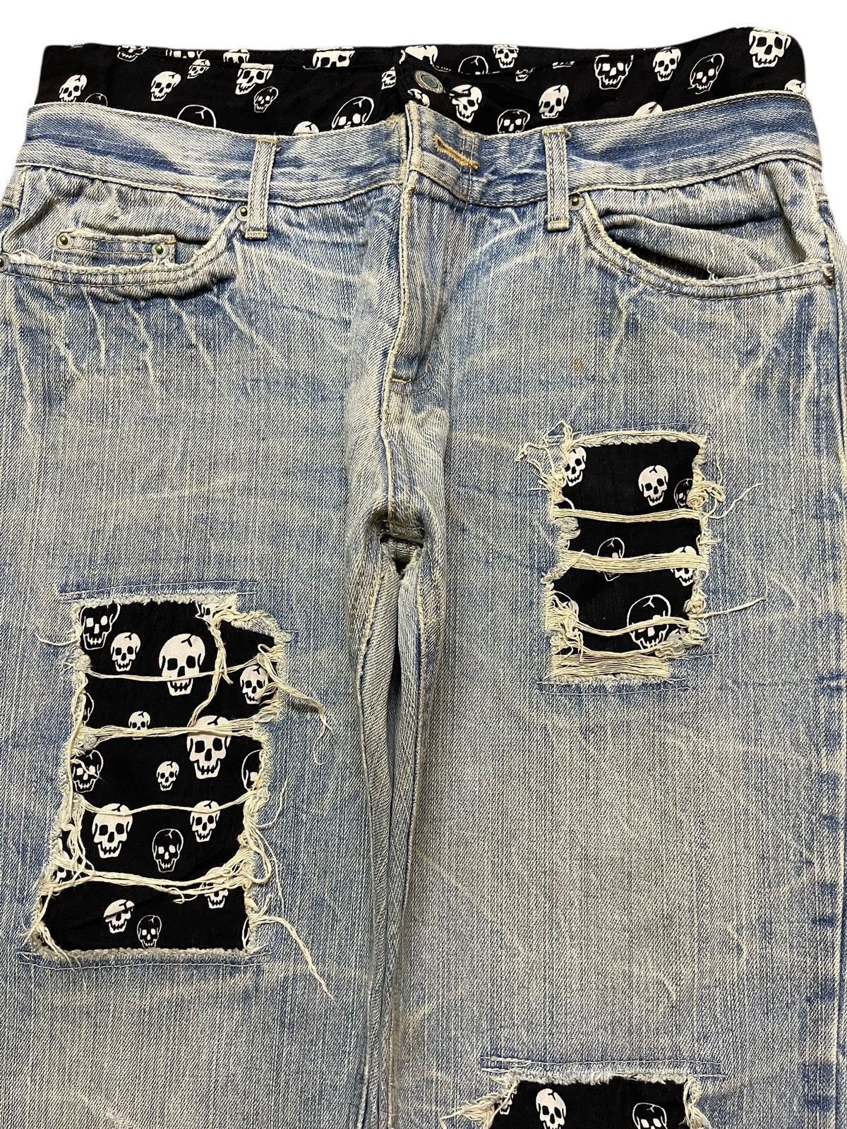 If Six Was Nine Vintage Japanese Mud Thunder Wash Patch Skull Distress Jeans Size US 31 - 3 Thumbnail