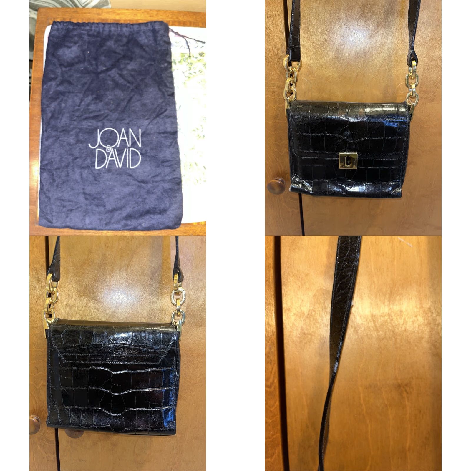 FELT VINTAGE Joan & David Black Leather Crocodile Shoulder Bag Small with Dust Bag, Designer, Animal Print, Womens Size ONE SIZE - 8 Thumbnail