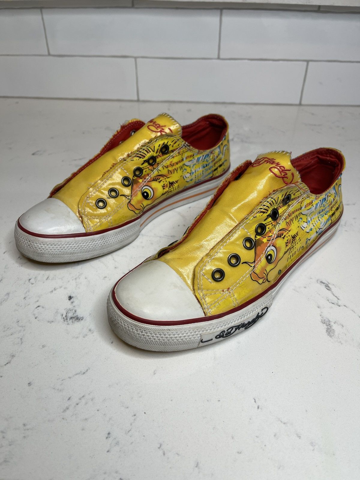 Ed Hardy Y2K Ed Hardy Low Top Sneakers Yellow w Fish Print Logo Sz 9 Size US 9 / IT 39 - 1 Thumbnail