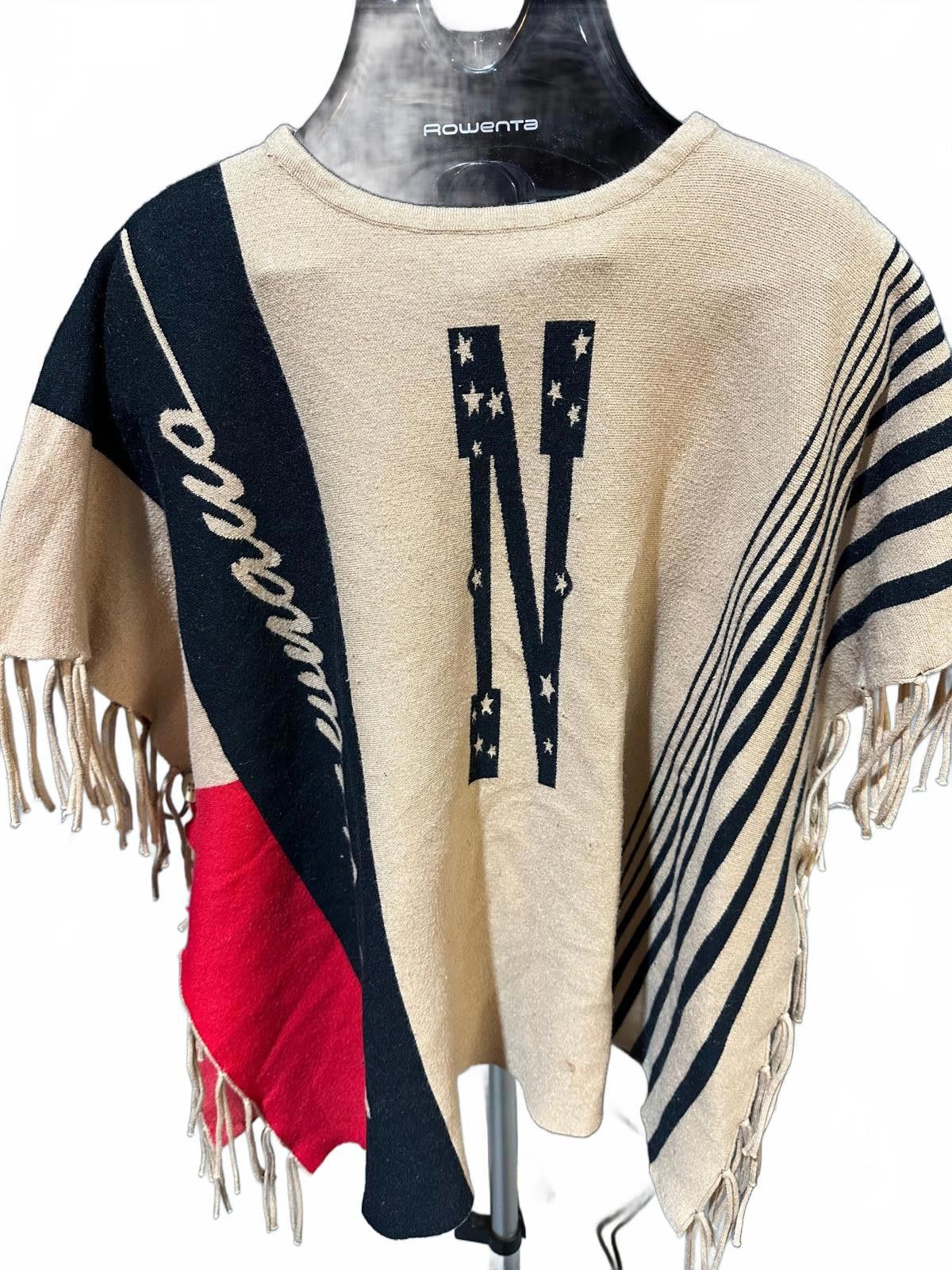 Other Vintage Graphic Poncho Southwest Boho Fringe Wool Blend 80s Size ONE SIZE - 1 Thumbnail