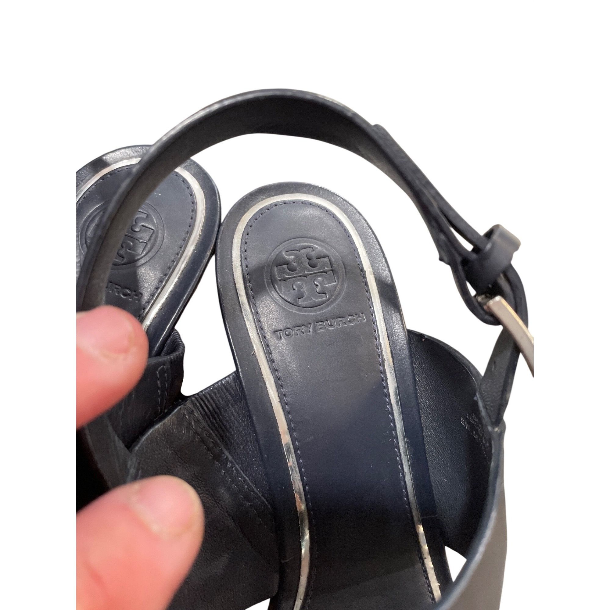 Tory Burch Tory Burch wms black leather 3" open sling back wedge shoes Size US 8.5 / IT 38.5 - 10 Thumbnail
