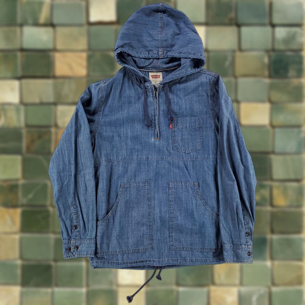 Levi's Levi's 1/4 Zip Hoodie Drawstring Long Sleeve Denim Chambray Mens S Blue Size US S / EU 44-46 / 1 - 1 Thumbnail