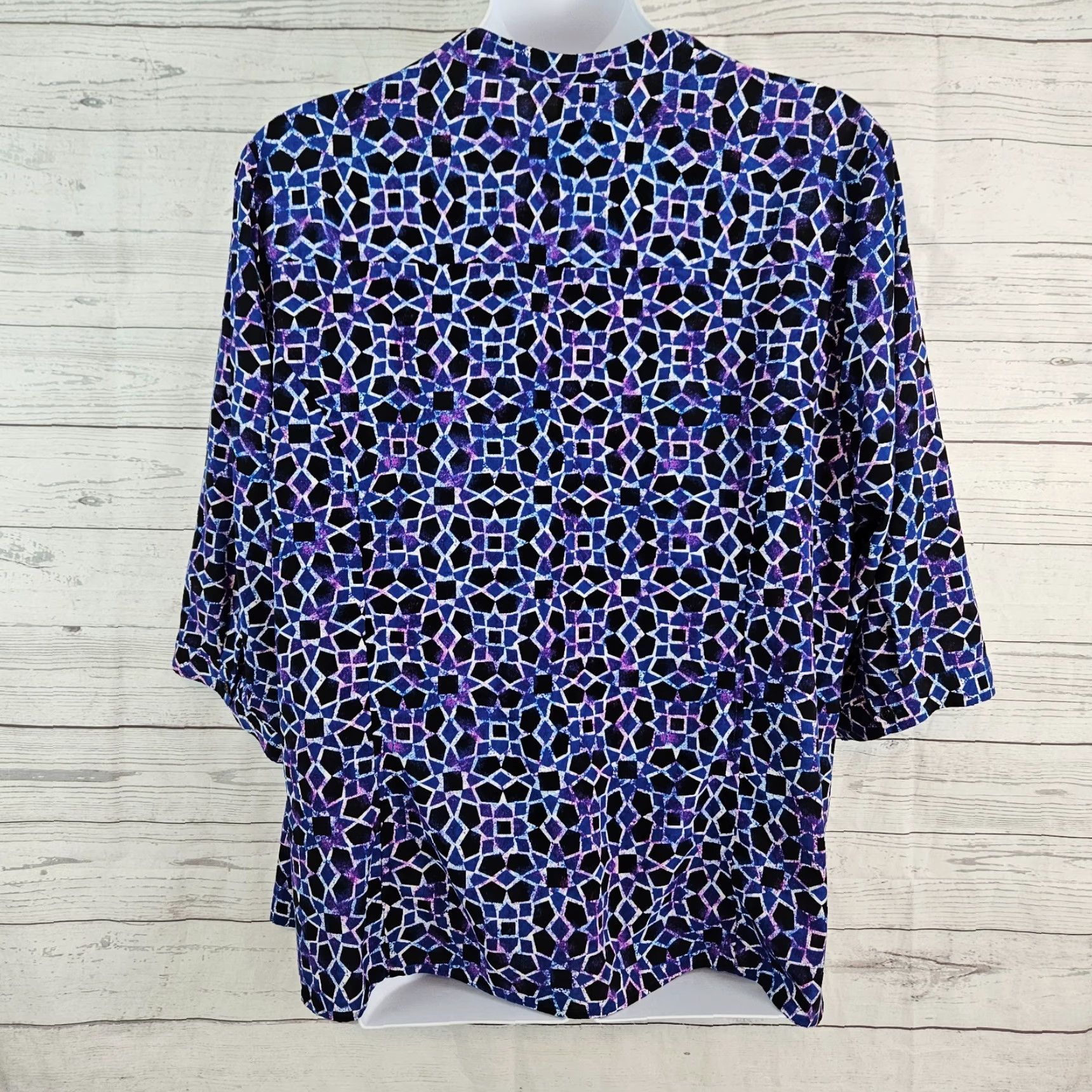 Vintage Catherines Button-Up Top Womens 3X Blue Black 3/4 Sleeve Polyester Size XXL / US 16-18 / IT 52-54 - 3 Thumbnail