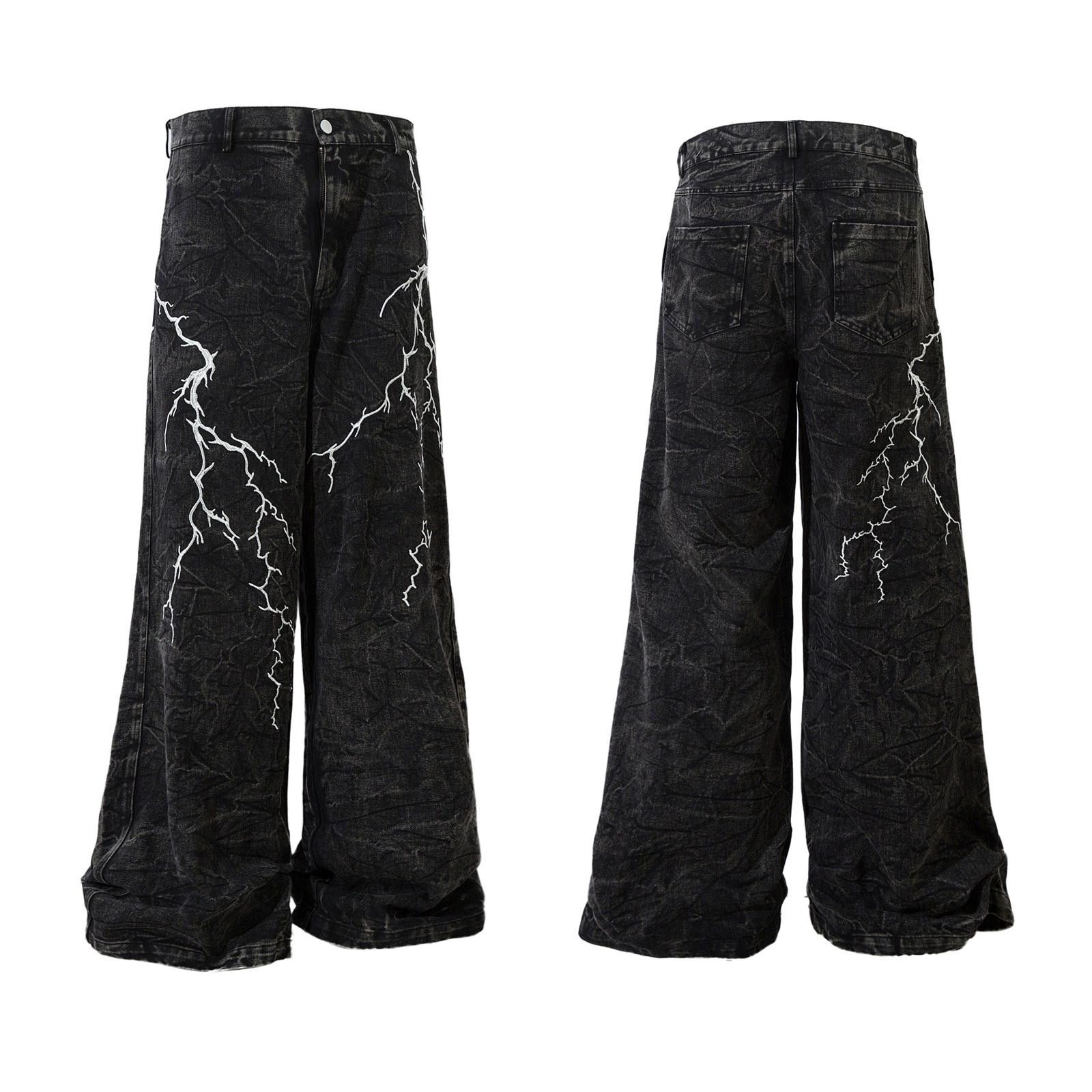 Vintage Lightning Embroidered Washed Loose Long Denim Jeans Size US 32 / EU 48 - 4 Thumbnail