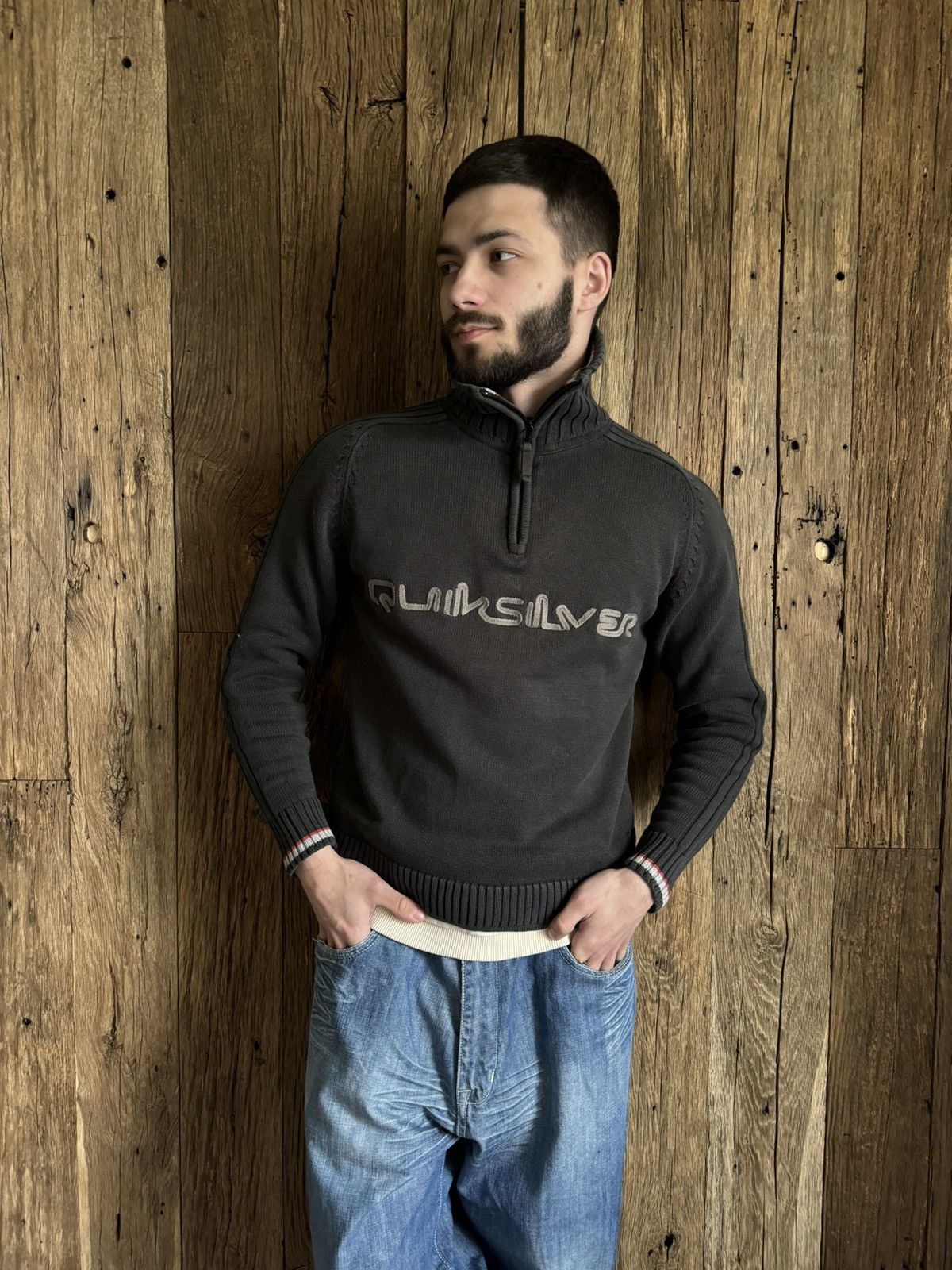 Vintage Y2K Quiksilver Boarding 1/4 Zip Ribbed Sweater