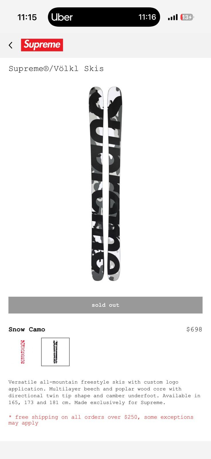 Supreme Supreme Volk skis 181CM Size 32 - 1 Thumbnail