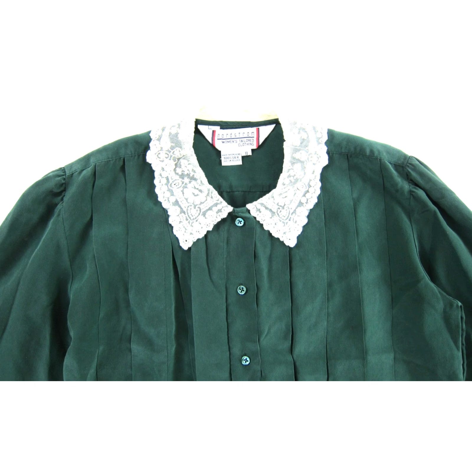 Nordstrom VINTAGE Nordstrom Blouse Shirt 8 Green Silk 100% Pleated Collar Long Sleeve Ivory Lace 70s Retro Classic Women’s Size M / US 6-8 / IT 42-44 - 4 Thumbnail
