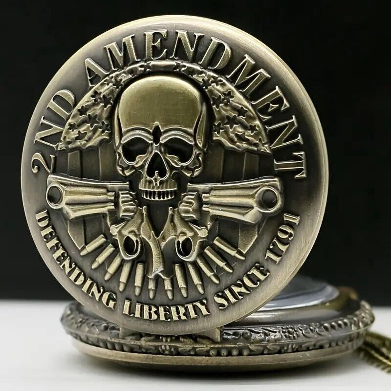 Other Pocket Watch & Chain 2nd Amendment Bronze Skull Pistols Guns Size ONE SIZE - 3 Thumbnail
