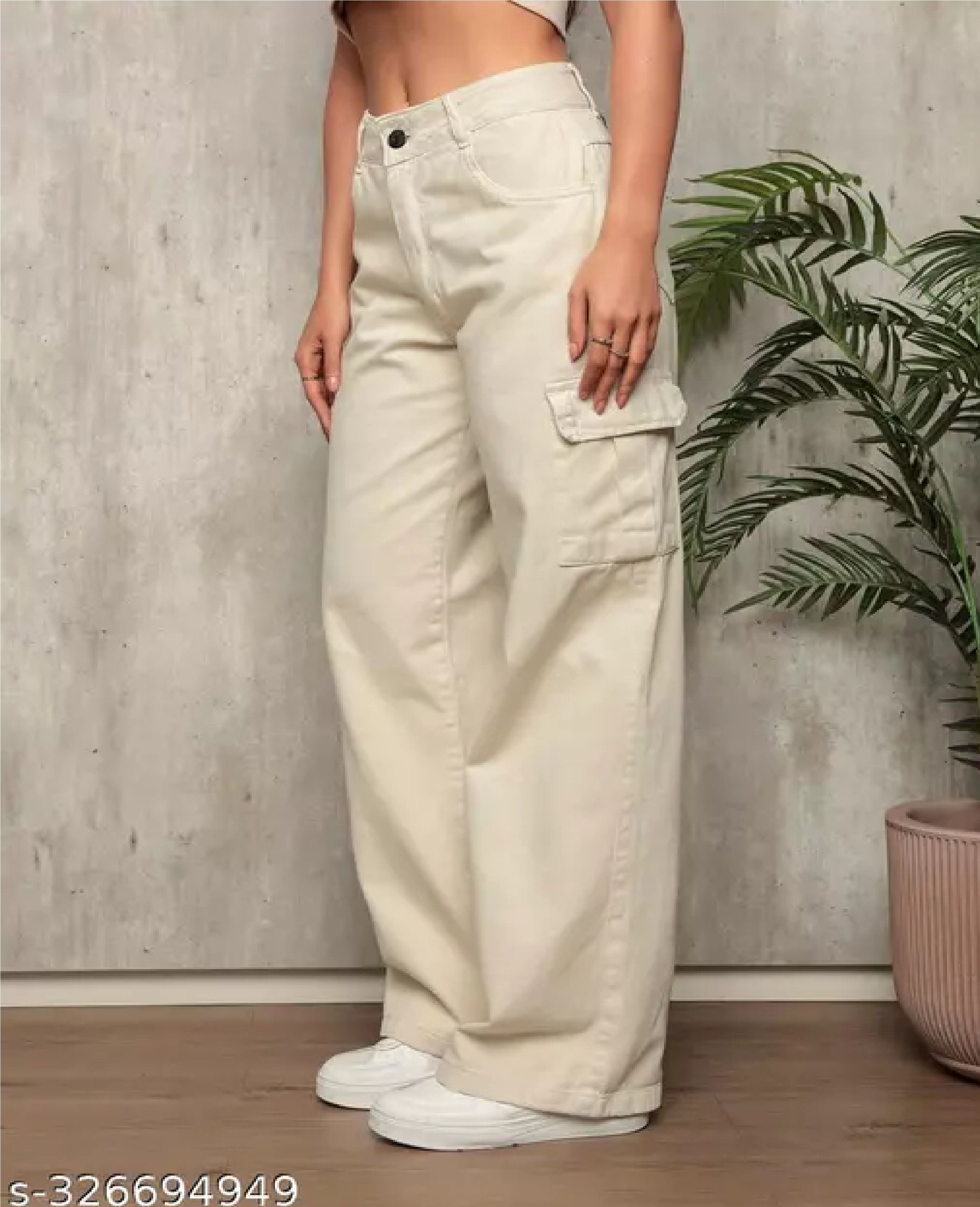 image of Individual Designer Six Pocket Cream Cargo Jeans in Beige, Women's (Size 32)