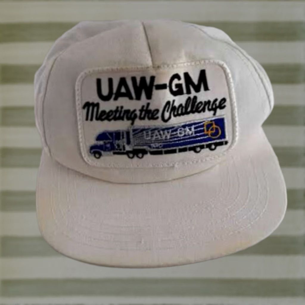 Vintage VINTAGE Union Made Hat White Adjustable Leather Canvas Baseball Cap Mens Adjustable Leather size Strap UAW-GM Meeting the Challenge Theme: automobiles Size ONE SIZE - 1 Thumbnail