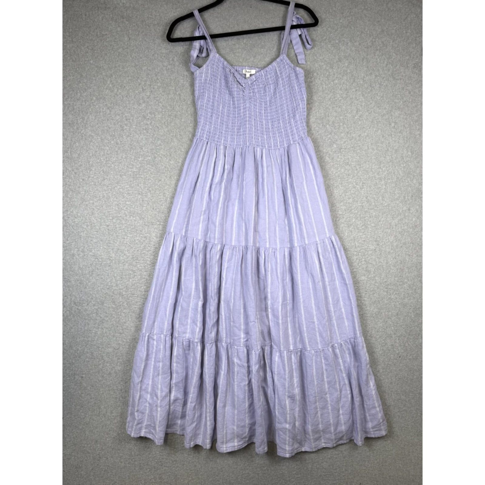 Madewell Madewell Dress Linen-Blend Lucie Tie-Strap Tiered Midi Dress lavender stripe pattern s Blue S Womens Regular A-Line Midi Size S / US 4 / IT 40 - 3 Thumbnail