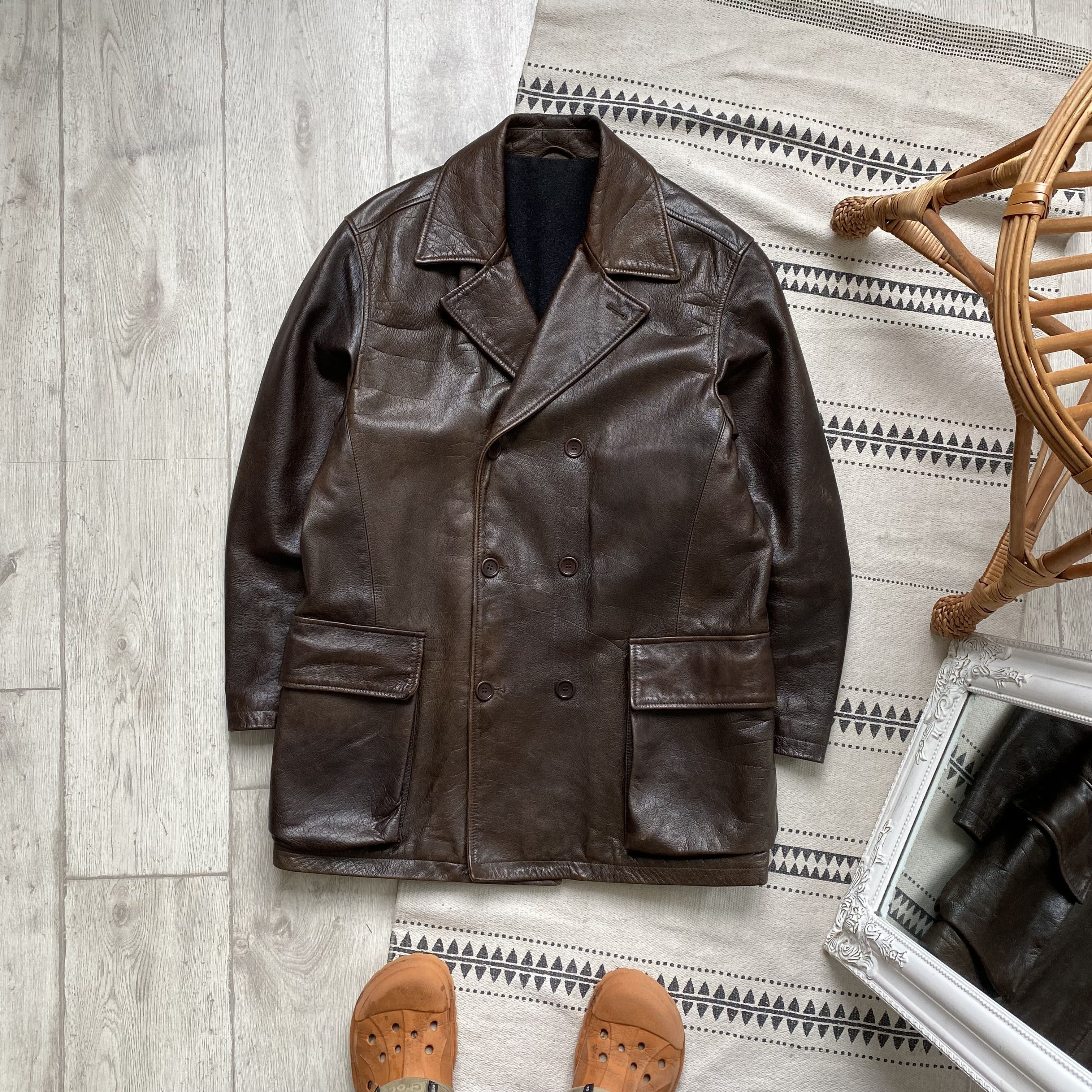 Vintage 90s Heavy Leather Double Jacket Coat Brown Luxury