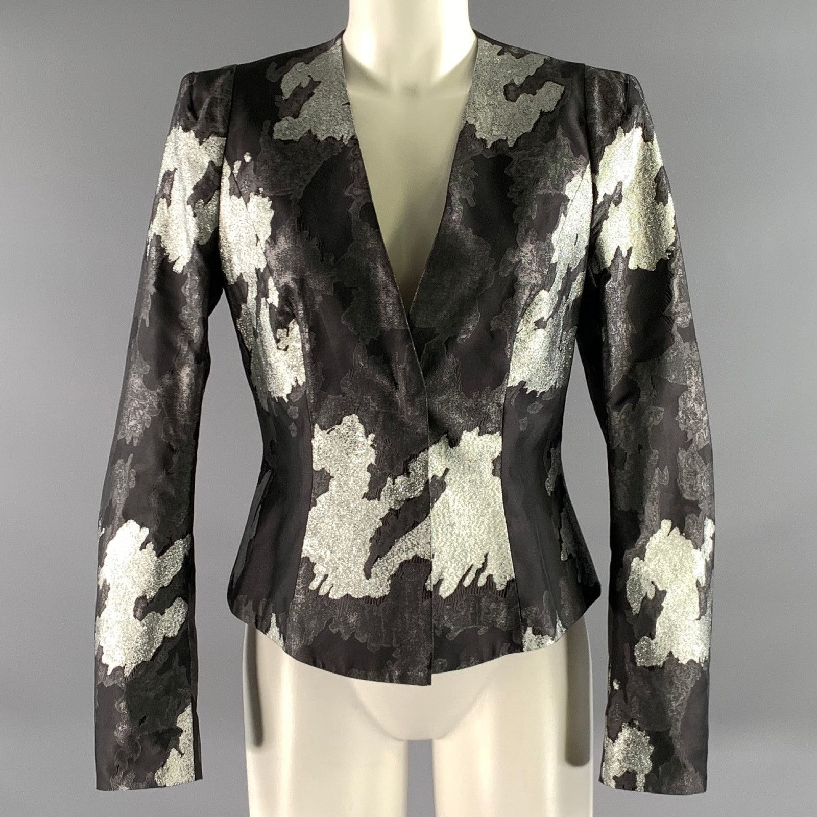 Escada ESCADA Size 4 Black Silver Silk Blend Two Button Jacket Size US 4 / IT 34 - 1 Thumbnail