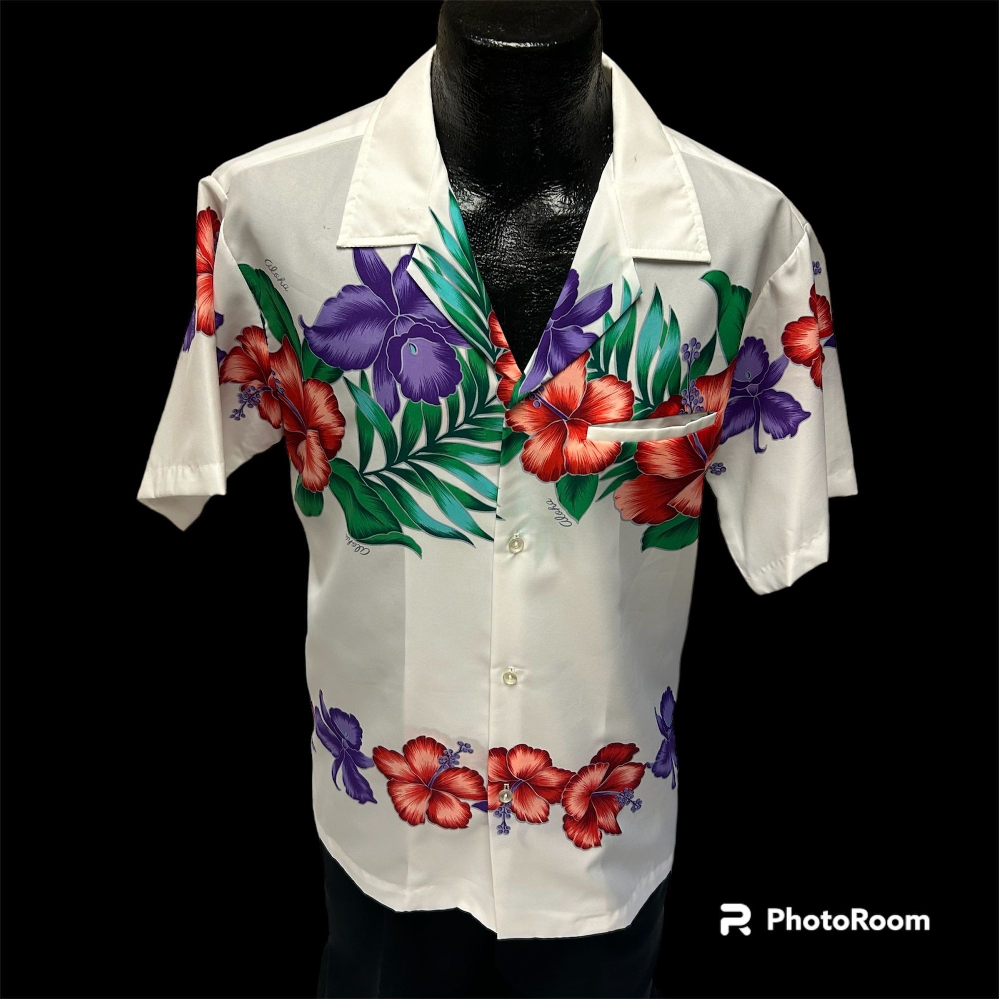 60's BRIGHT White FLORAL Red Purple HIBISCUS Hawaiian Shirt