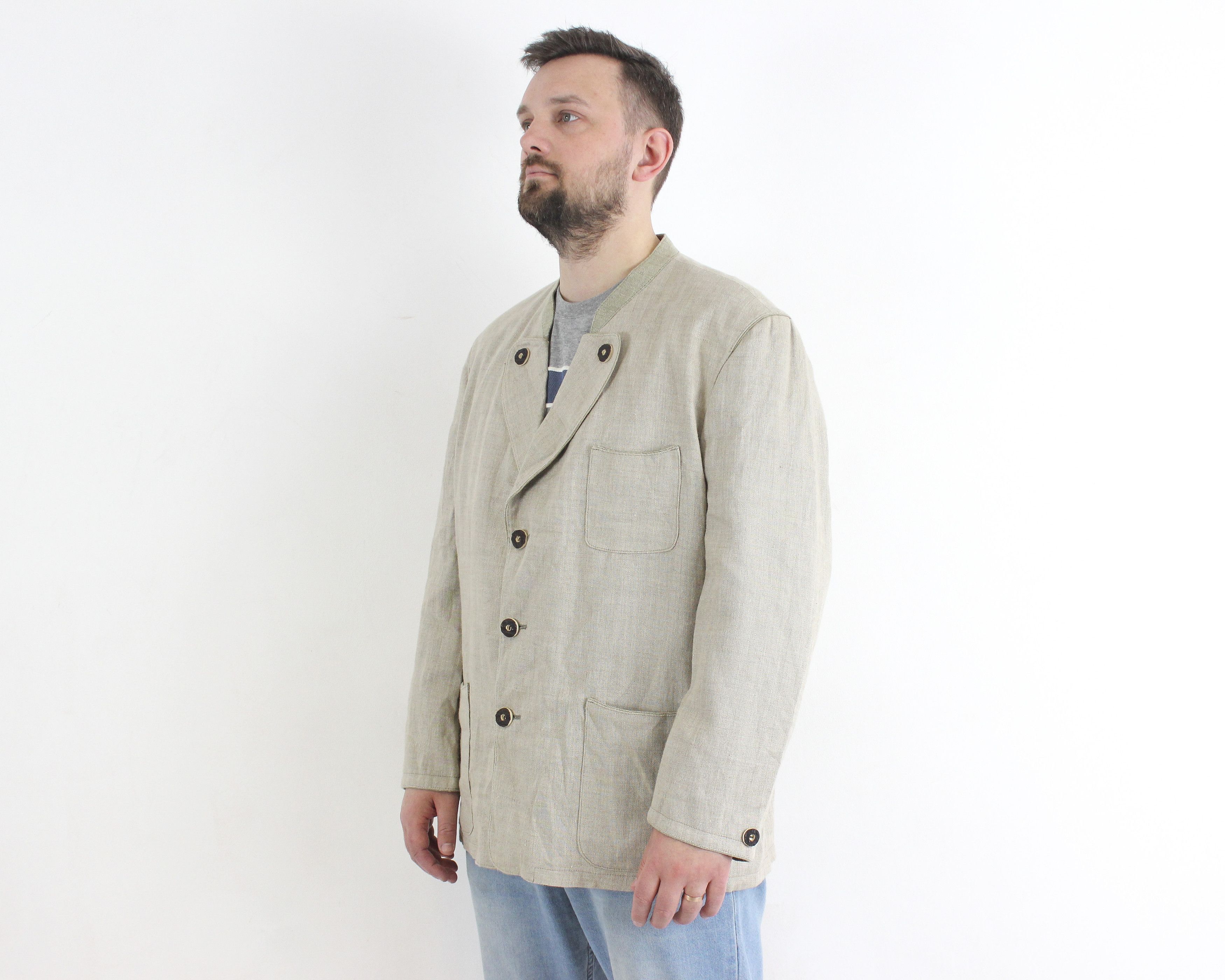 Vintage TOFANA US 44S Linen Ethnic Blazer Coat Tracht Jacket Jager L Size 44S - 2 Thumbnail