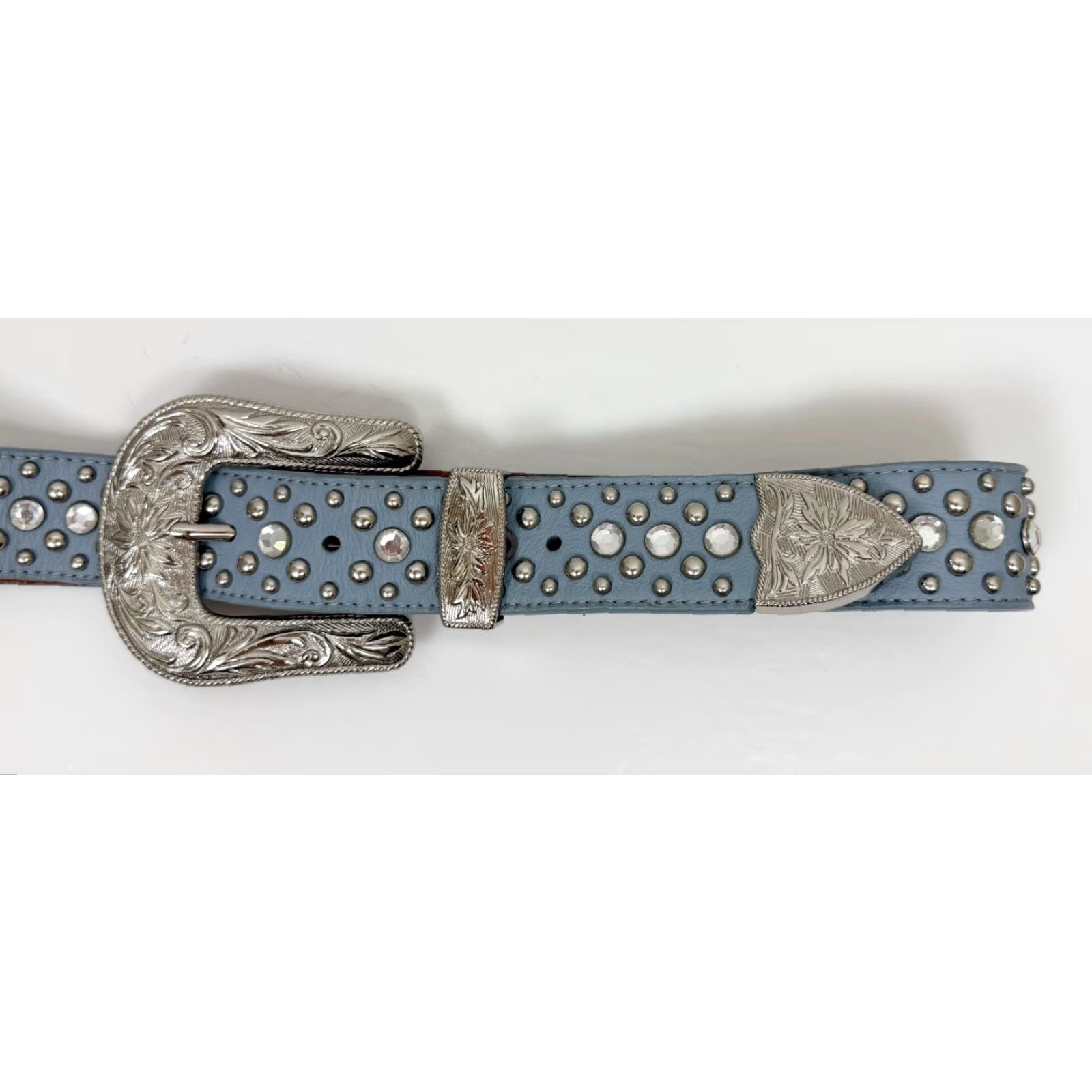 3D Western Belt Womens 36 Light Blue Leather Rhinestone Studded Buckle Cowboy Rodeo