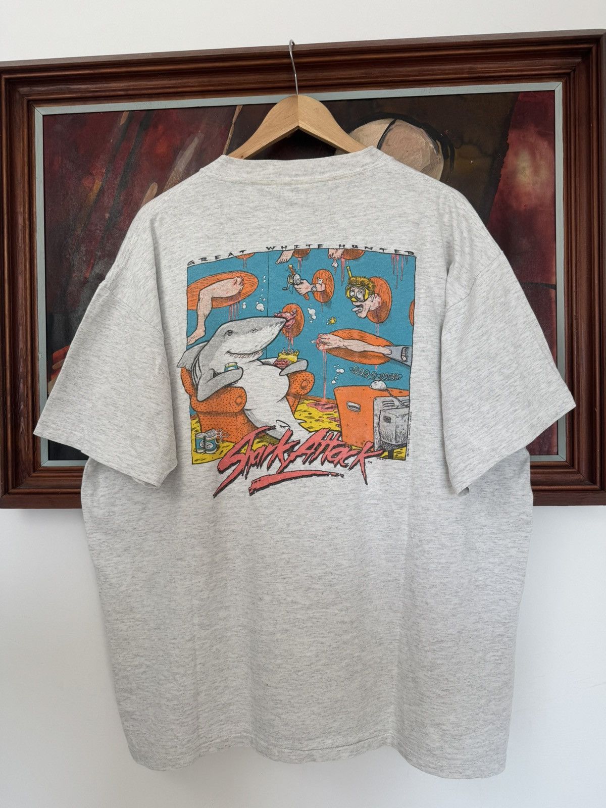 Vintage Vintage 90s Shark Attack Graphic Tshirt Oneita Death Blood Size US XL / EU 56 / 4 - 1 Thumbnail