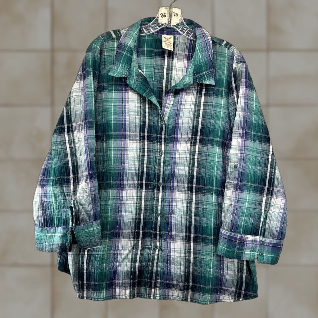 Faded Glory Women's Western Style Shirt 2XL Button Up Colorful Greens Purple Silver Thin Size XXL / US 16-18 / IT 52-54 - 1 Thumbnail