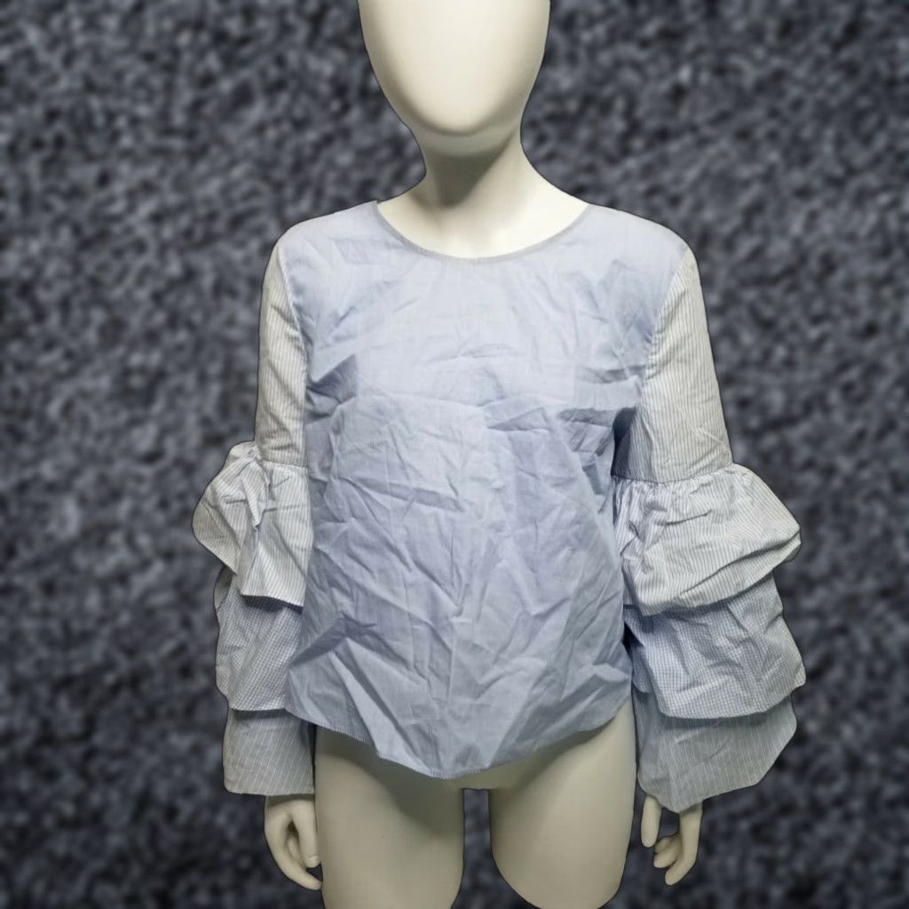 ZARA Trafaluc Collection Women's Blue Ruffle Sleeve Long Sleeve Blouse M