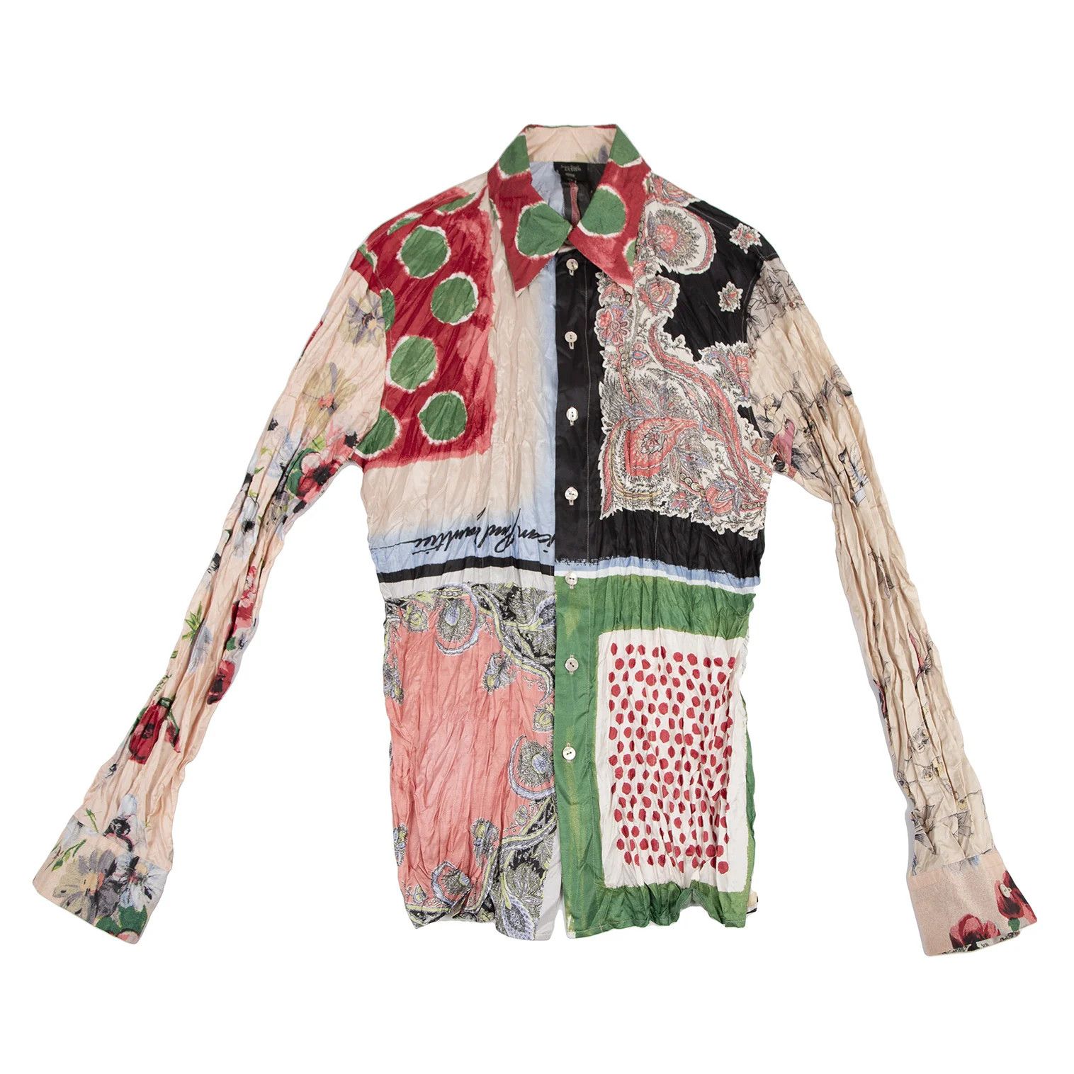 Jean Paul Gaultier Scarf Print Wrinkled Shirt in Black Green Red, Size 48 Size US M / EU 48-50 / 2 - 1 Thumbnail