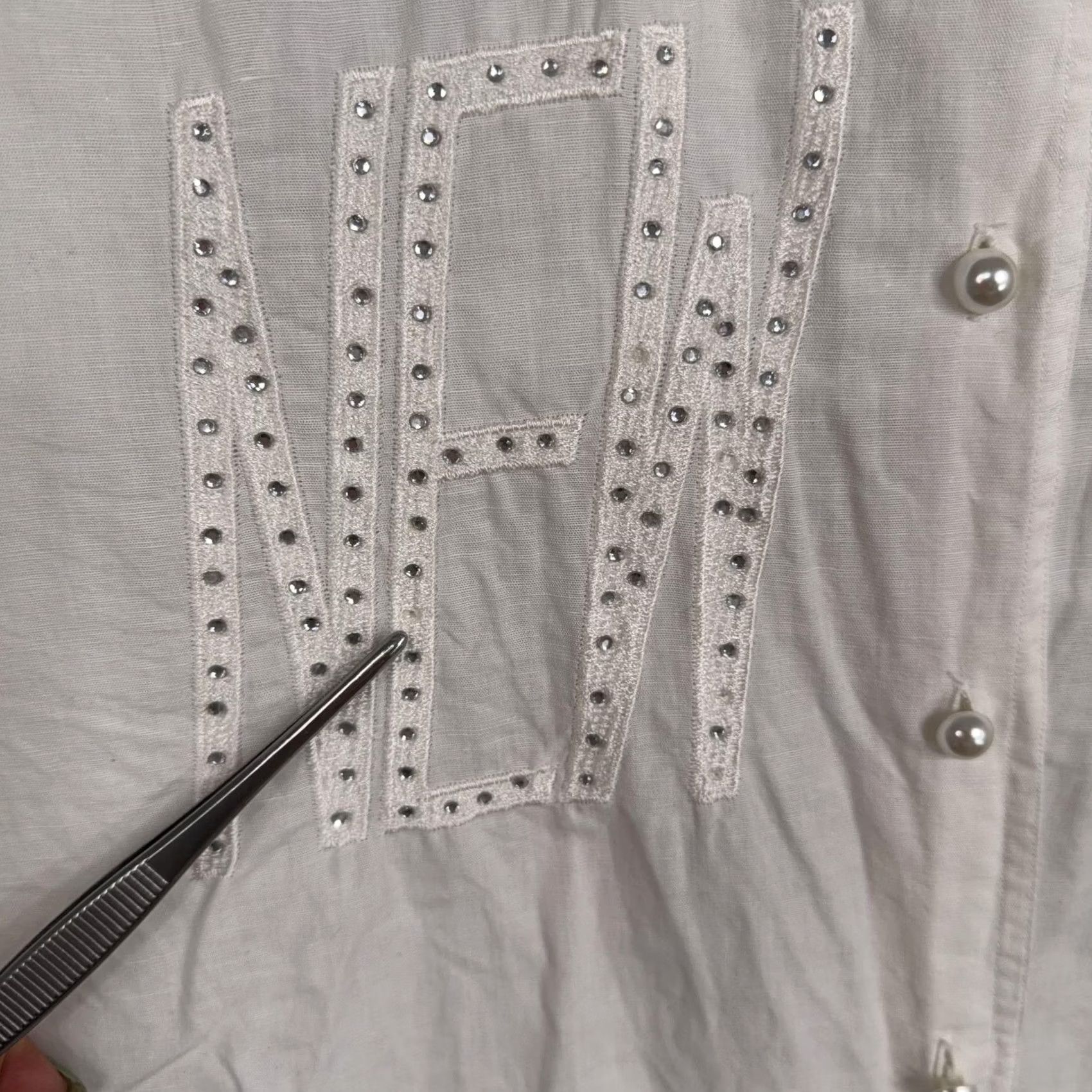 Vintage VINTAGE Otto Kern Shirt Womens 2 White Cotton Linen New York Rhinestone Top Size XS / US 0-2 / IT 36-38 - 3 Thumbnail