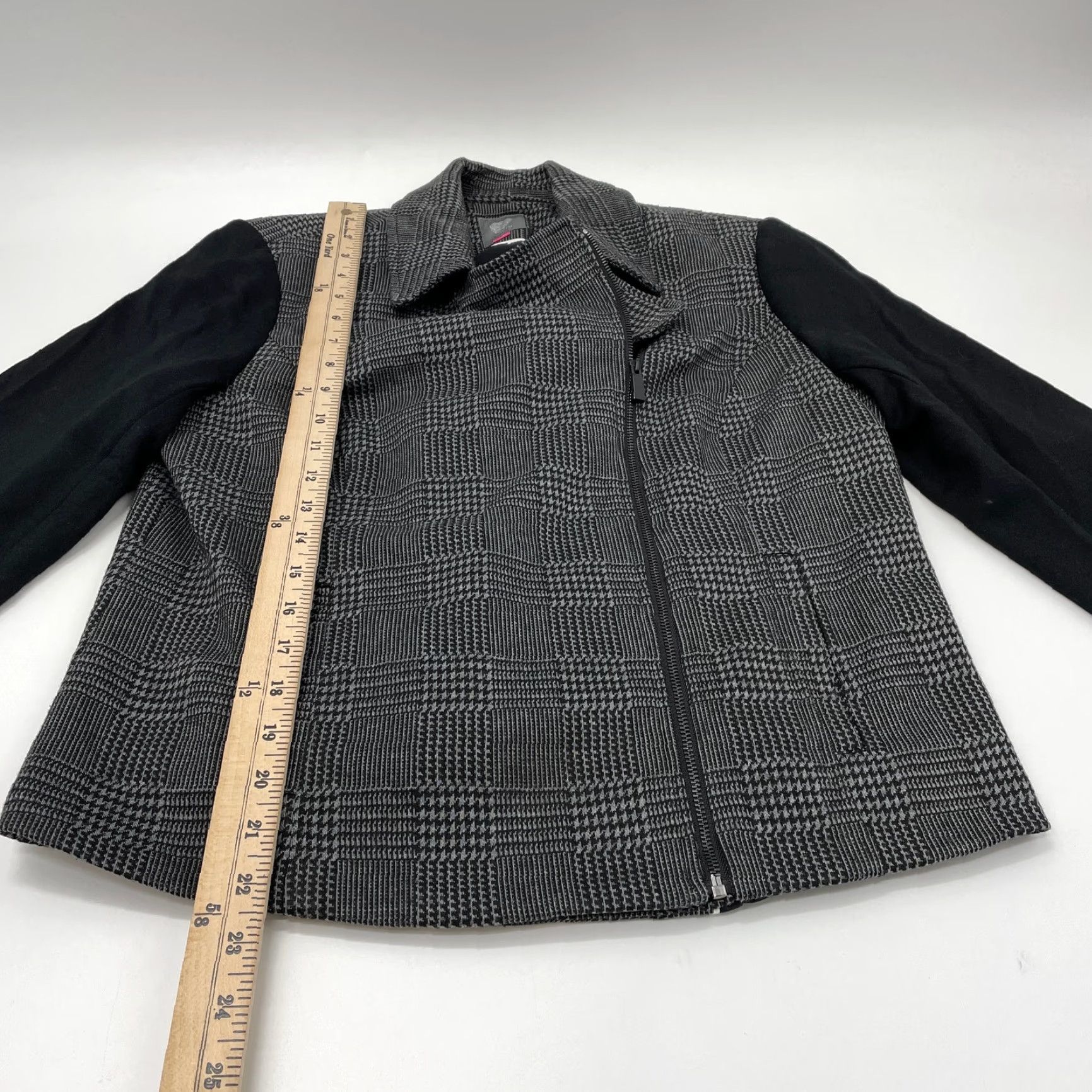 Vince Camuto Jacket Women Houndstooth Asymmetrical Zip Stretch Size M Black Moto