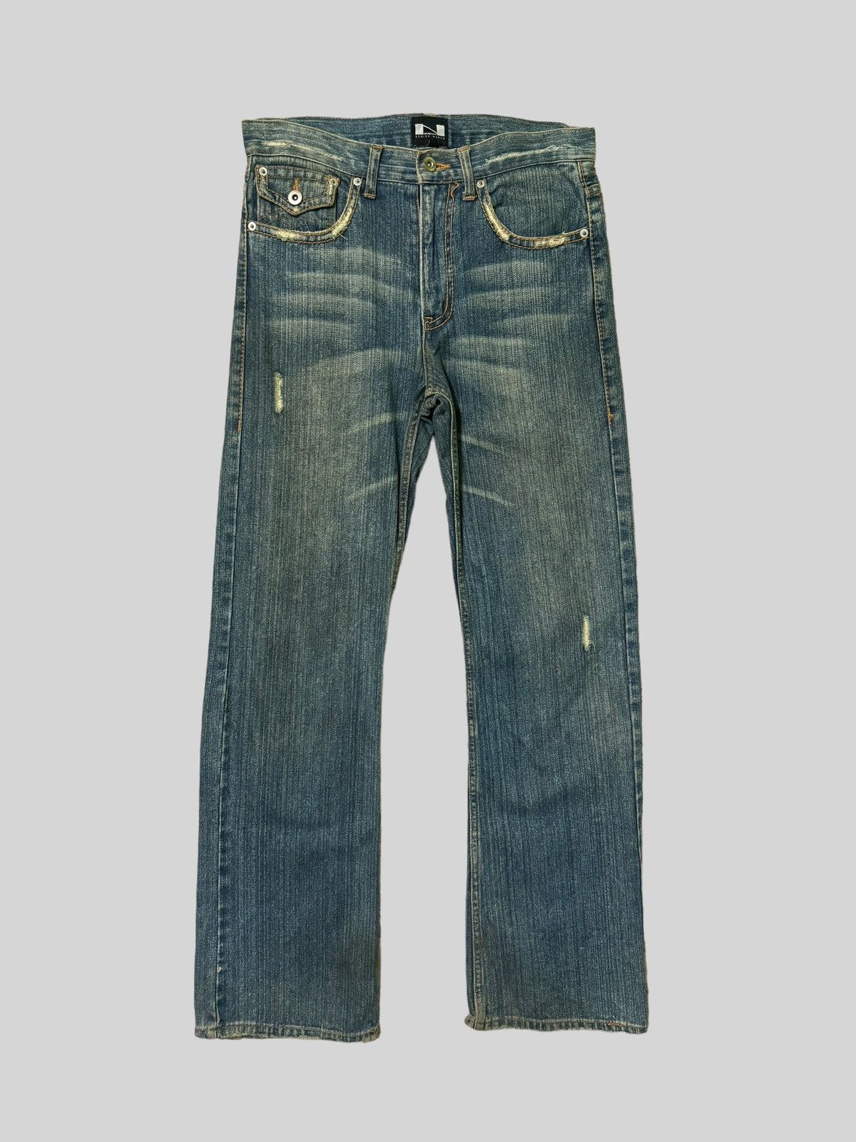 Japanese Brand Flared THRASHED NYLAUS CREW DESIGN WORK DISTRESSED DENIM Size US 30 / EU 46 - 1 Thumbnail