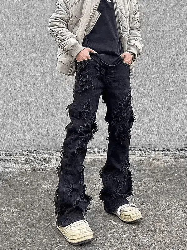 image of High Street Black Raw Edge Ripped Jeans, Men's (Size 32)