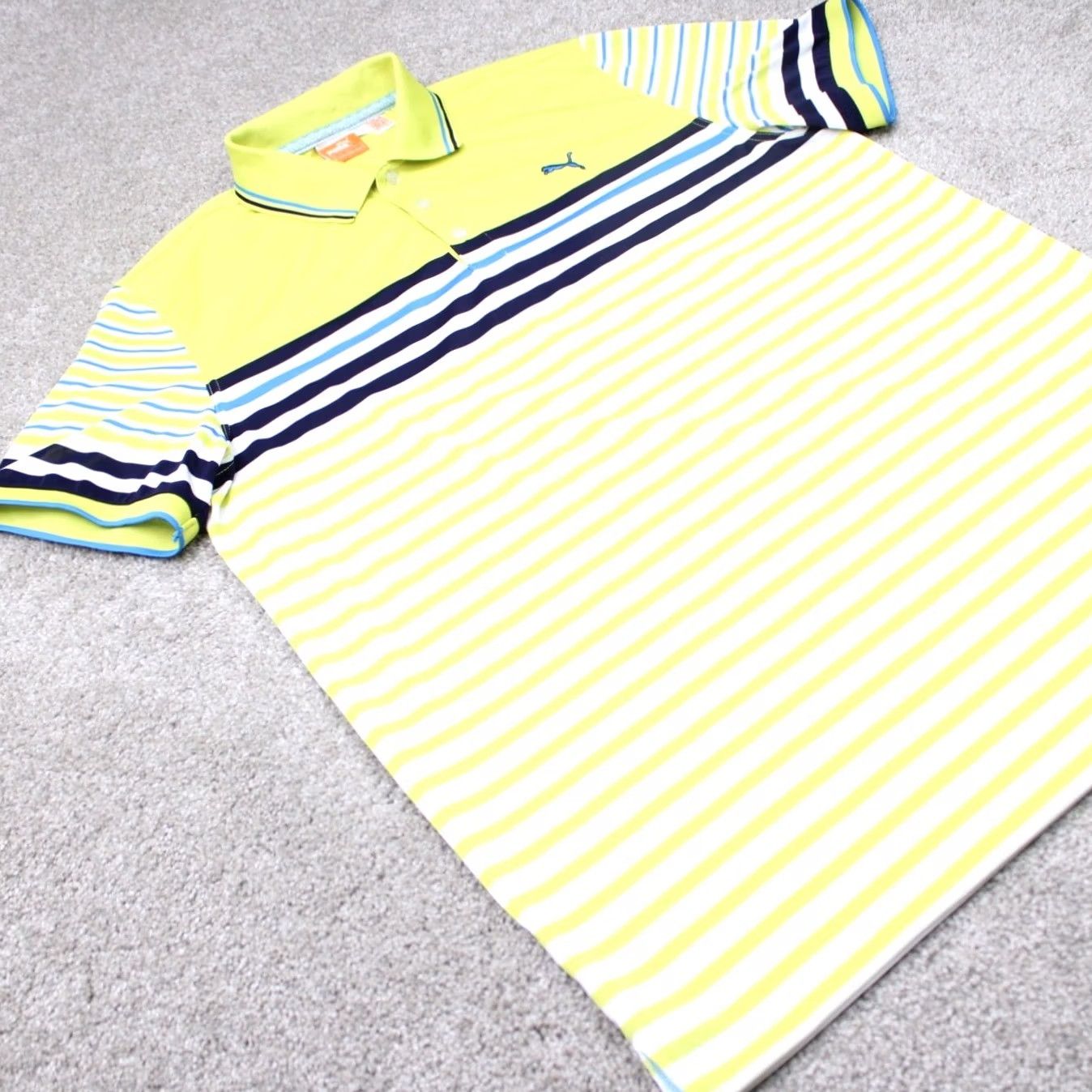Puma Puma Polo Shirt Mens XL Yellow/Blue Tech Stripe Performance Golf Short Sleeve Polo Shirt Size US XL / EU 56 / 4 - 5 Thumbnail