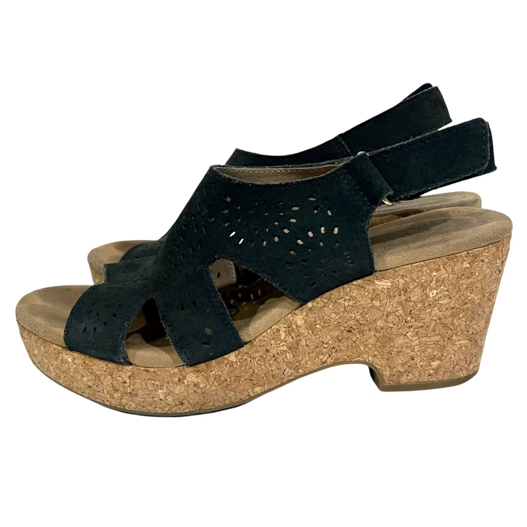 Clarks VINTAGE CLARKS Giselle Bay Sandals Women’s Slingsback Cork Wedge Black US 7.5 M Size US 8 / IT 38 - 4 Thumbnail
