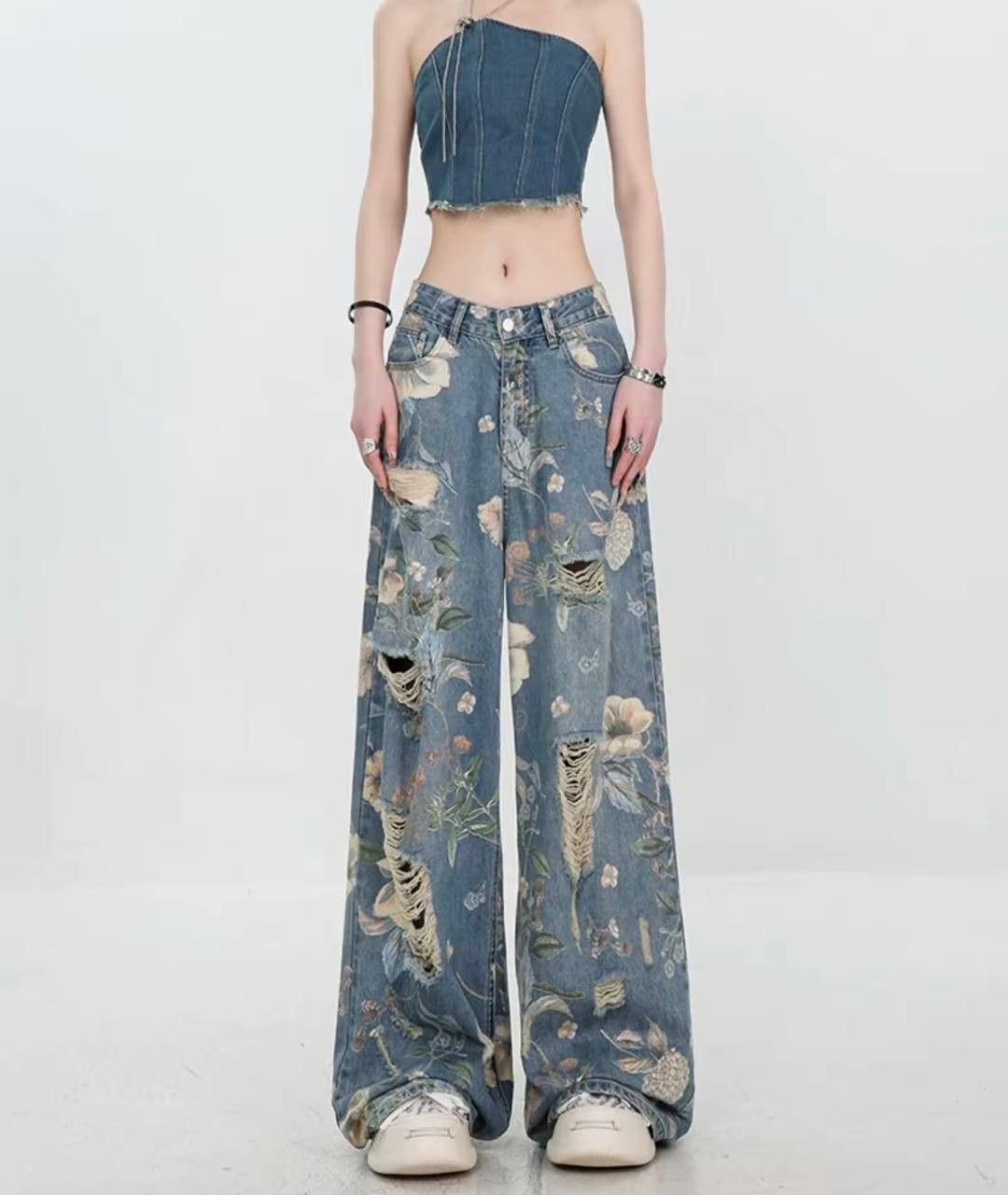 Japanese Brand × Vintage ripped wide leg pants with a design Size 26" / US 2 / IT 38 - 4 Thumbnail