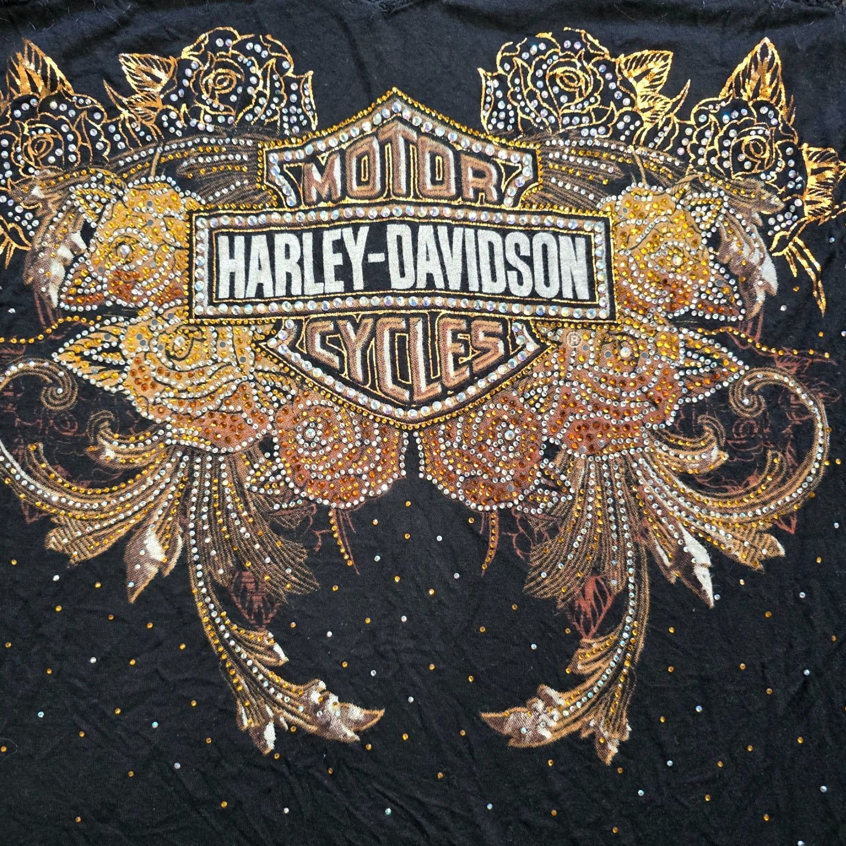 Harley Davidson Harley-Davidson Top Women L Black Lace Trim Rhinestone Biker Motorcycle Shirt Short Sleeve Round Neck T-Shirt Made in China Mens Womens Girls Boys Size L / US 10 / IT 46 - 4 Thumbnail