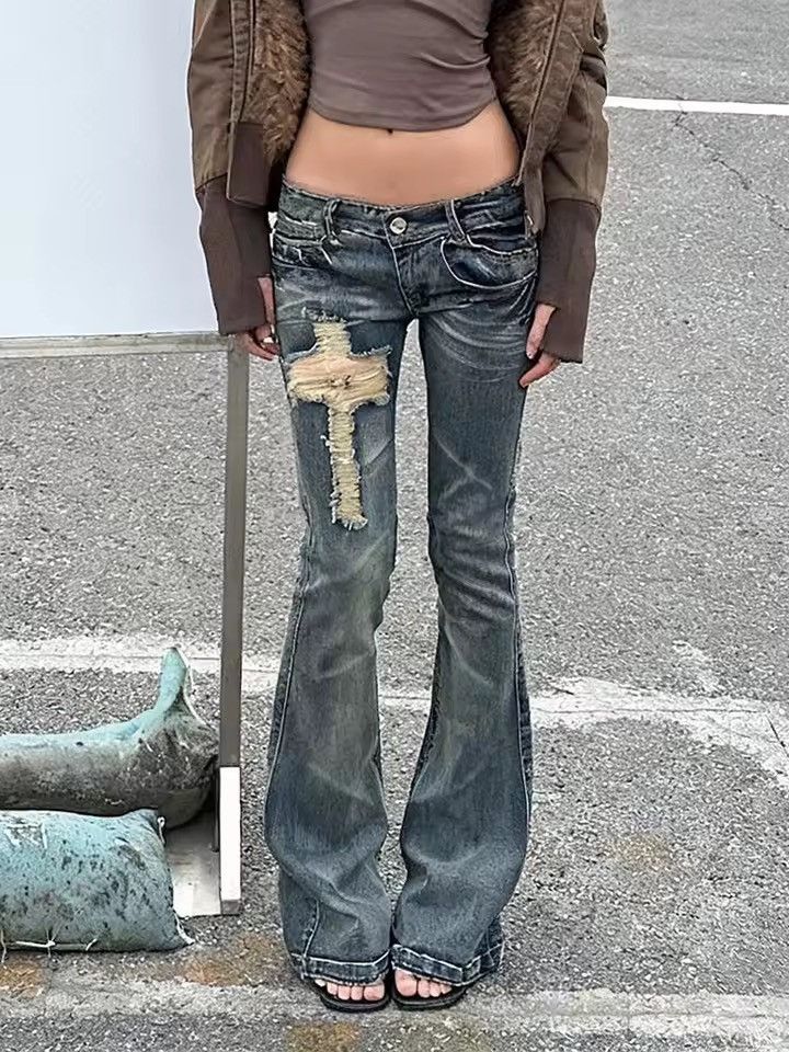 Vintage Y2K Distressed Punk Cross Japanese Bootcut Jeans Size 26" / US 2 / IT 38 - 1 Thumbnail