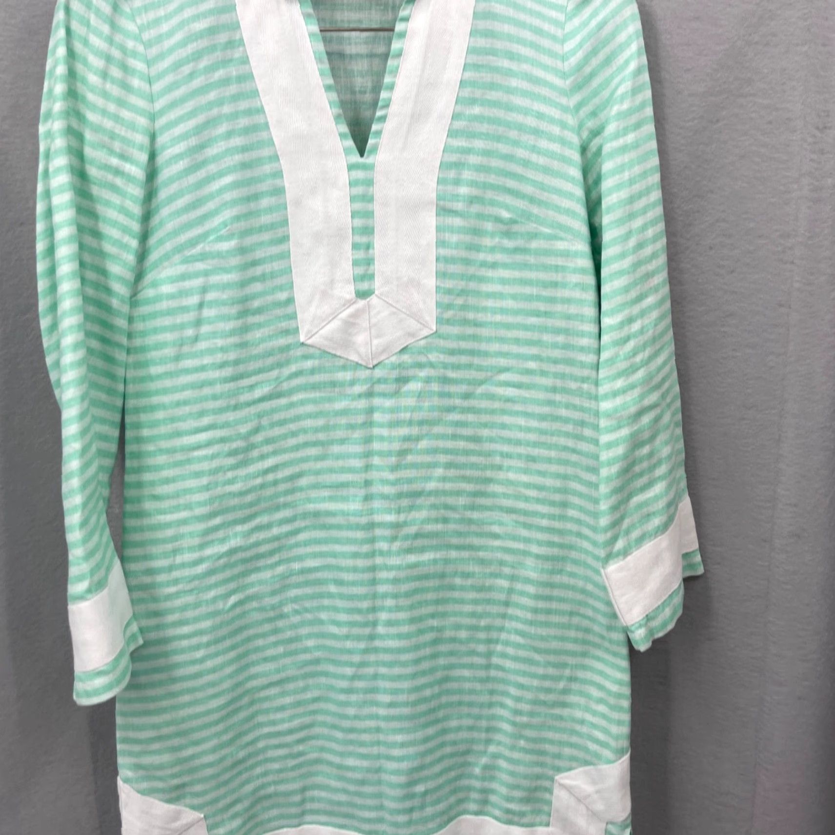 Vintage Sail to Sable Women’s Linen Dress XS Green White Stripe V-Neck Mini Casual Preppy 2020s Size XS / US 0-2 / IT 36-38 - 6 Thumbnail